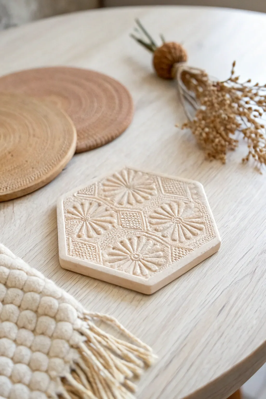 Elevate your table setting with the charm of handcrafted geometric clay coasters.