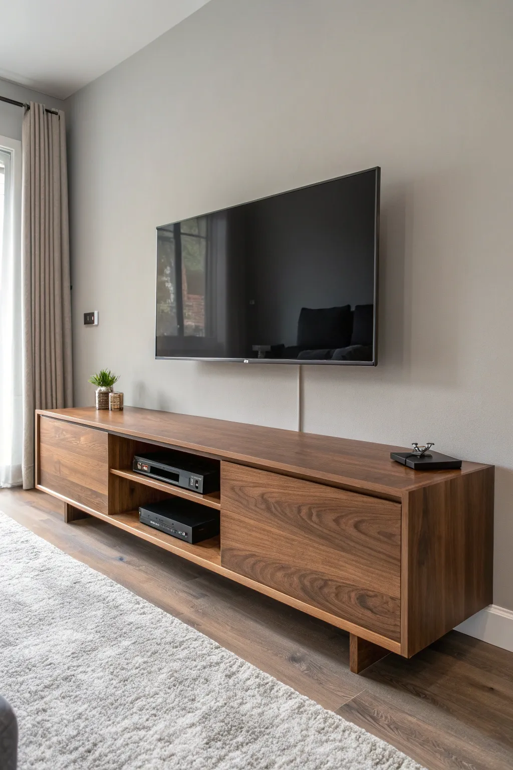 Elevate your living space with a sleek, floating TV stand that combines style and functionality. #DIYDesign #ModernLiving