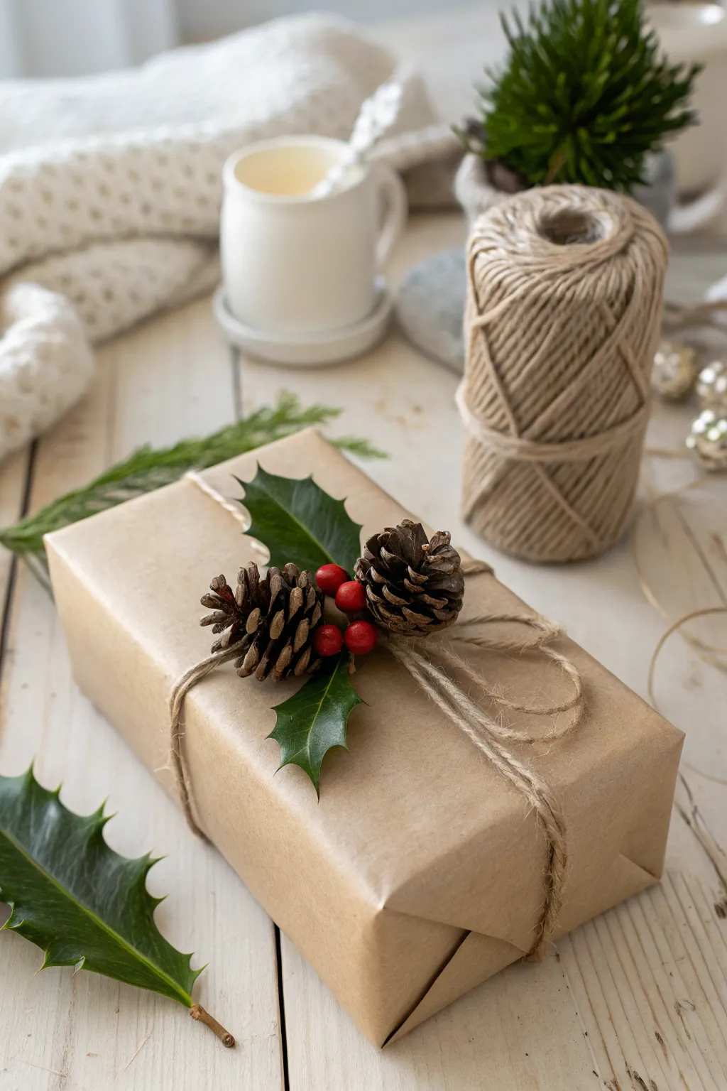 Elevate your gift wrapping with nature's simple elegance: pinecones and holly for a seasonal touch!