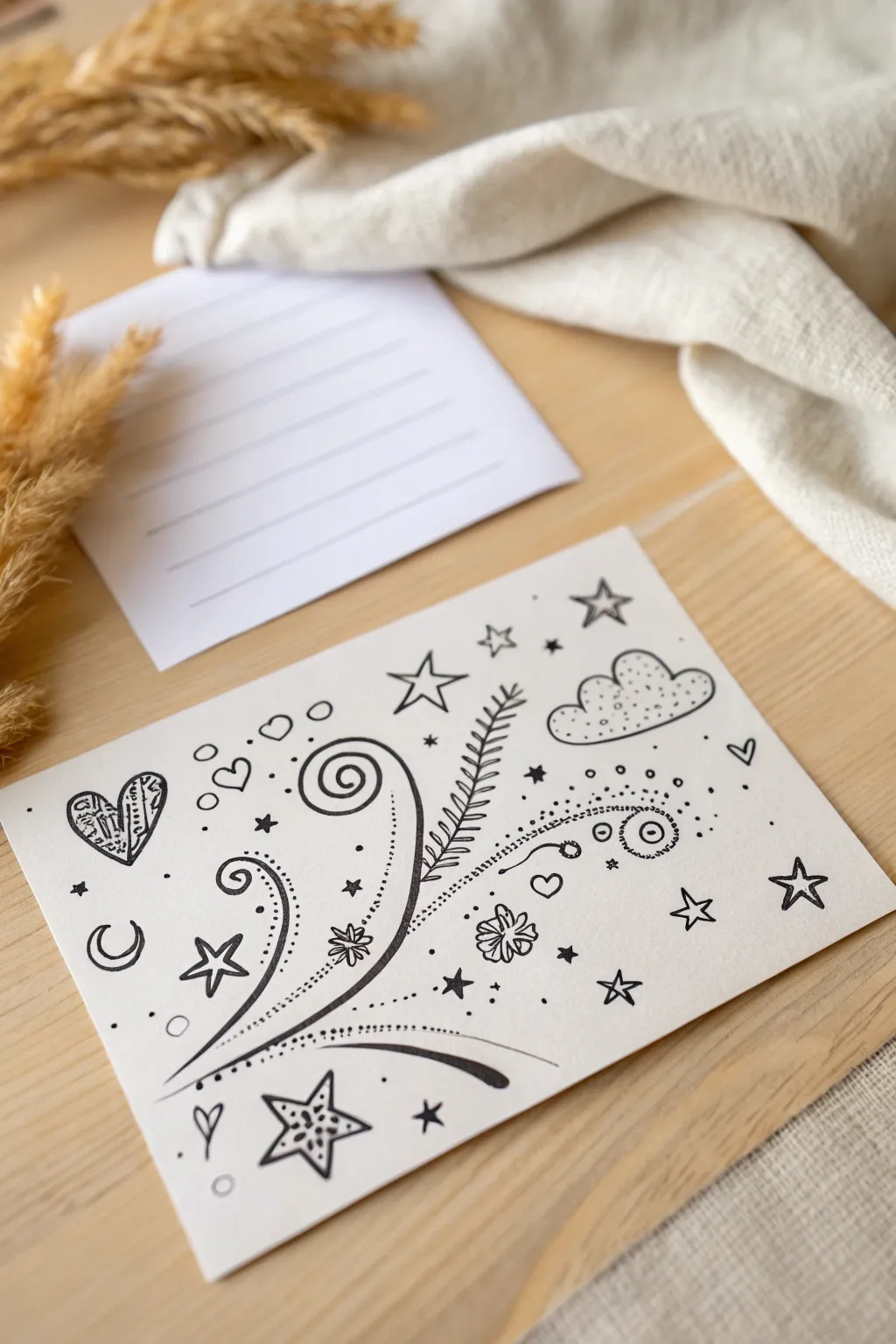 Capture the magic of spontaneous creativity with charming doodles on your handmade postcards. #MinimalistArt #BohoChic