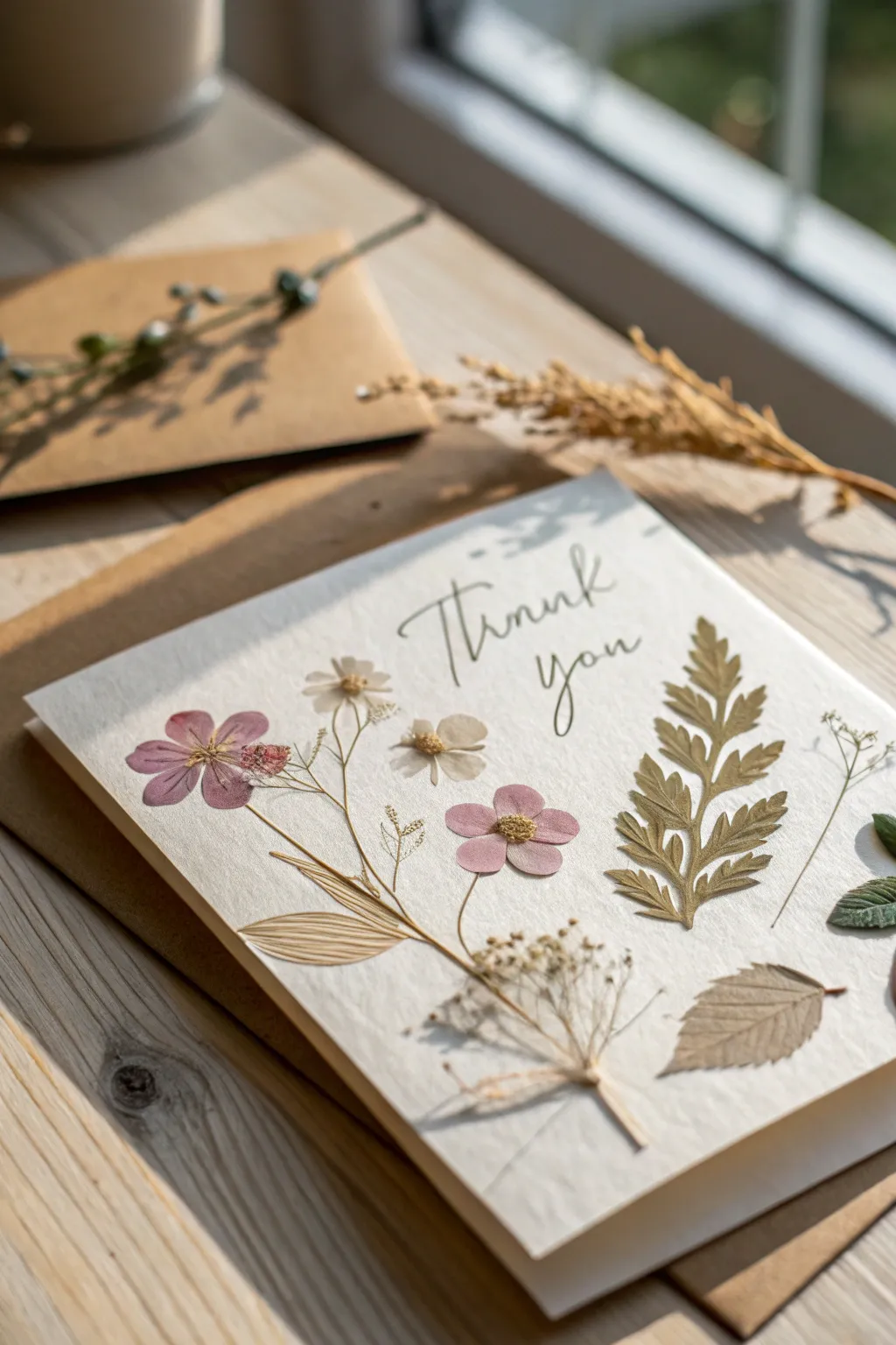 Embrace the beauty of nature with this exquisite handmade thank you card, a perfect blend of simplicity and artistry.