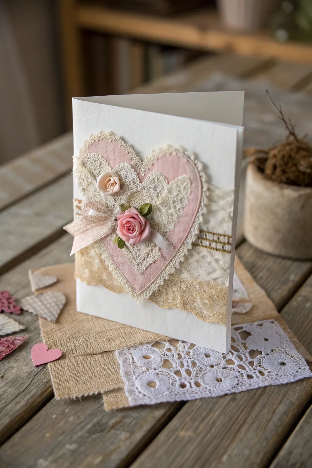 Crafted with love: A stunning blend of lace and fabric for a unique Valentine's card.