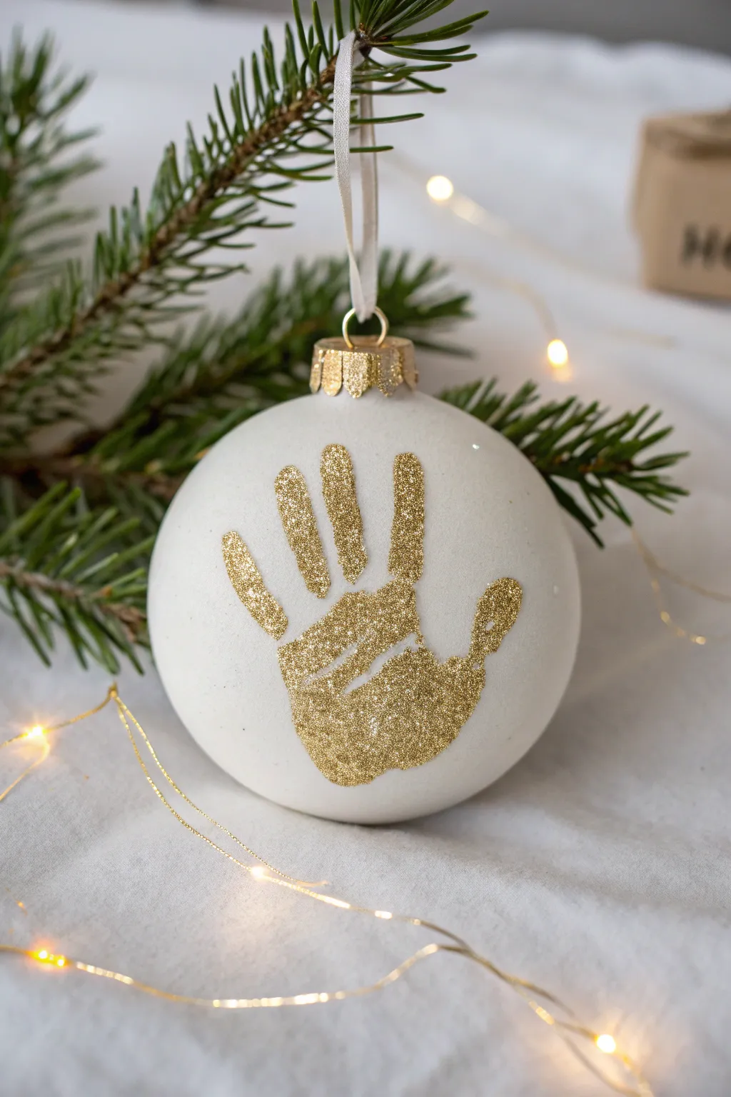 Add a touch of magic to your tree with a glittering handprint ornament, where simplicity meets sparkle.