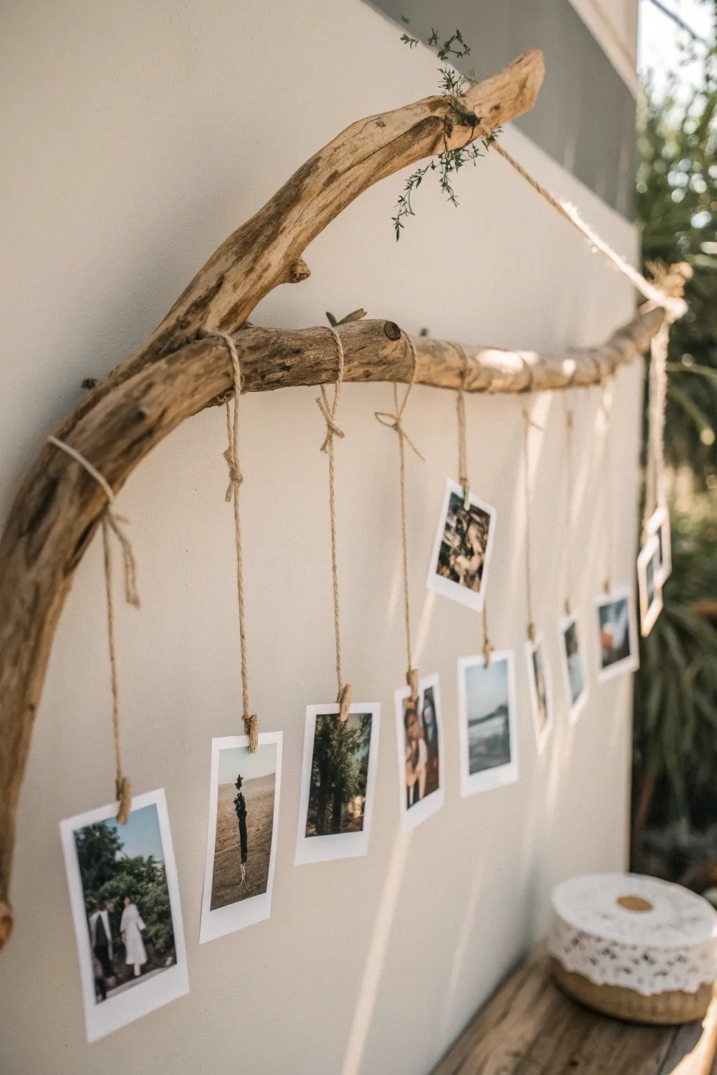 Embrace natural elegance with a rustic twine and driftwood photo display.