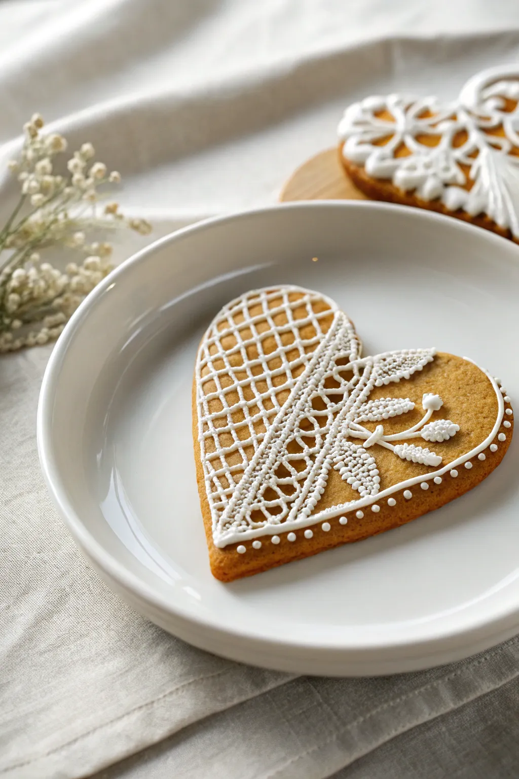 Delicate lace designs bring a touch of elegance to heart-shaped cookies, perfect for a sophisticated celebration.