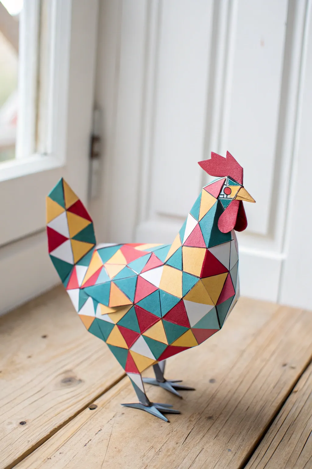 Modern meets playful: Embrace simplicity with this geometric paper hen design.