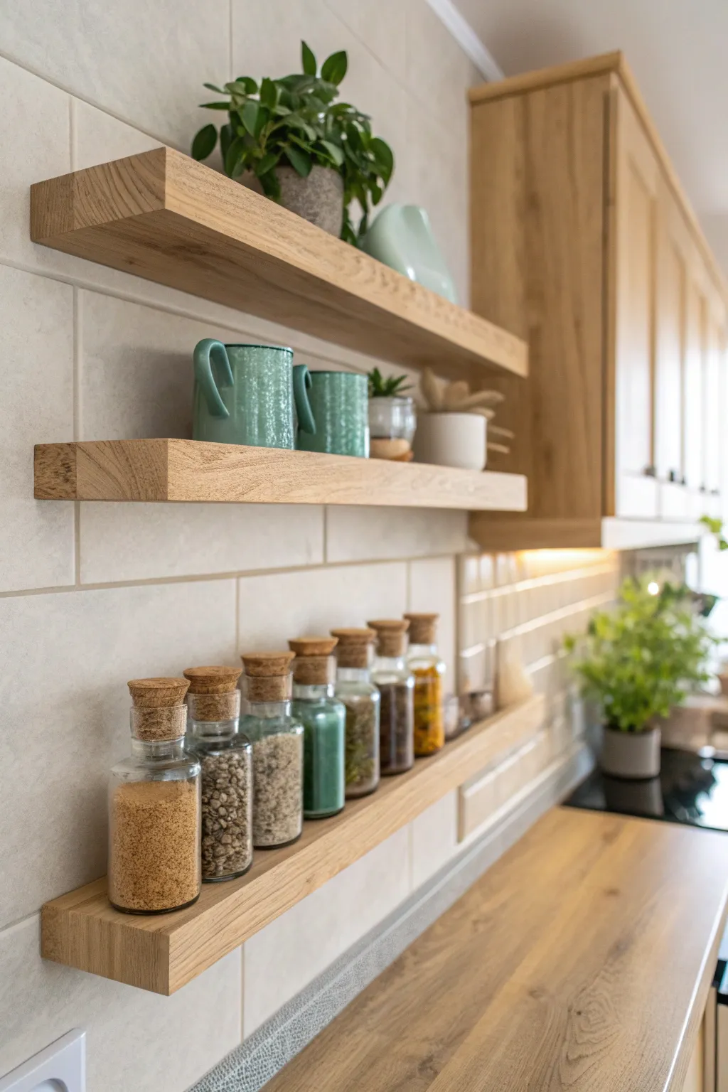 Elevate your kitchen with stylish floating shelves—where simplicity meets functionality.