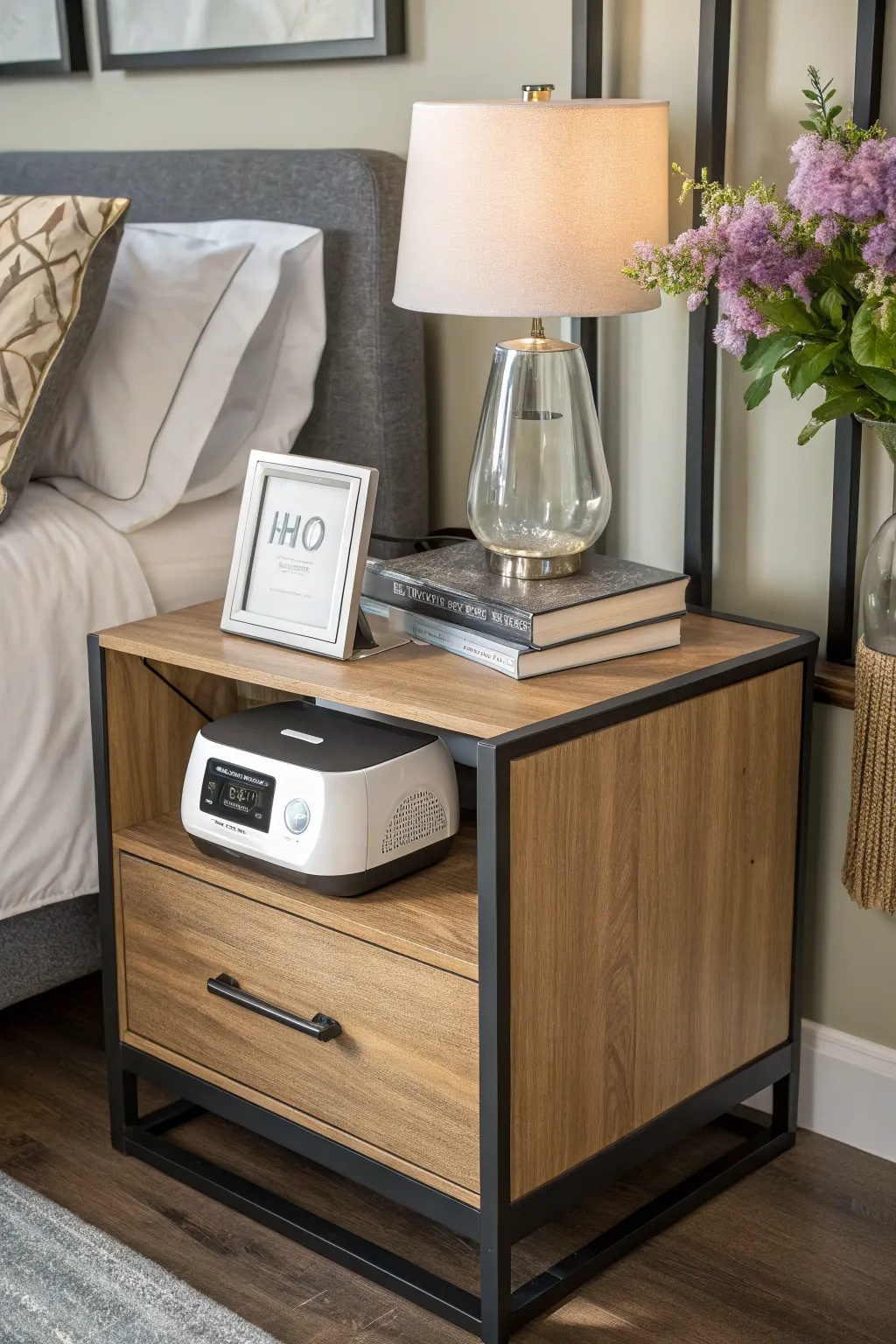 A stylish nightstand integrates CPAP needs without sacrificing design.