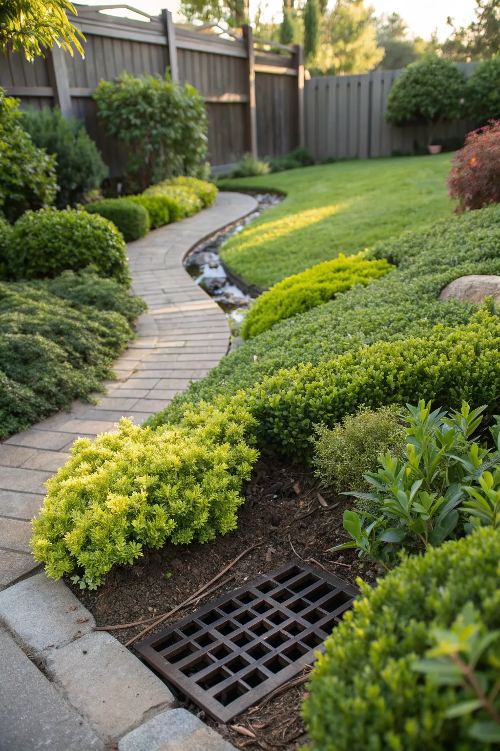 Transform your backyard with a seamless blend of nature, hiding the storm drain under a lush green embrace.