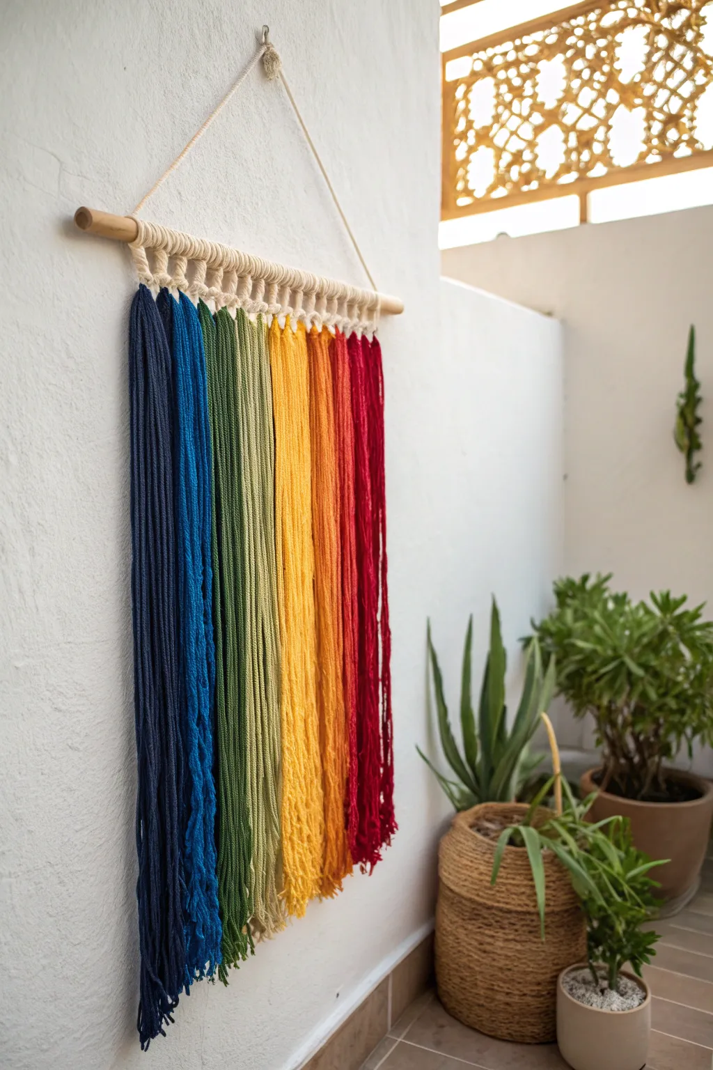 Add a splash of color and craftsmanship to your space with a stunning boho yarn wall hanging! 🌈✨ #BohoChic #HippieCrafts
