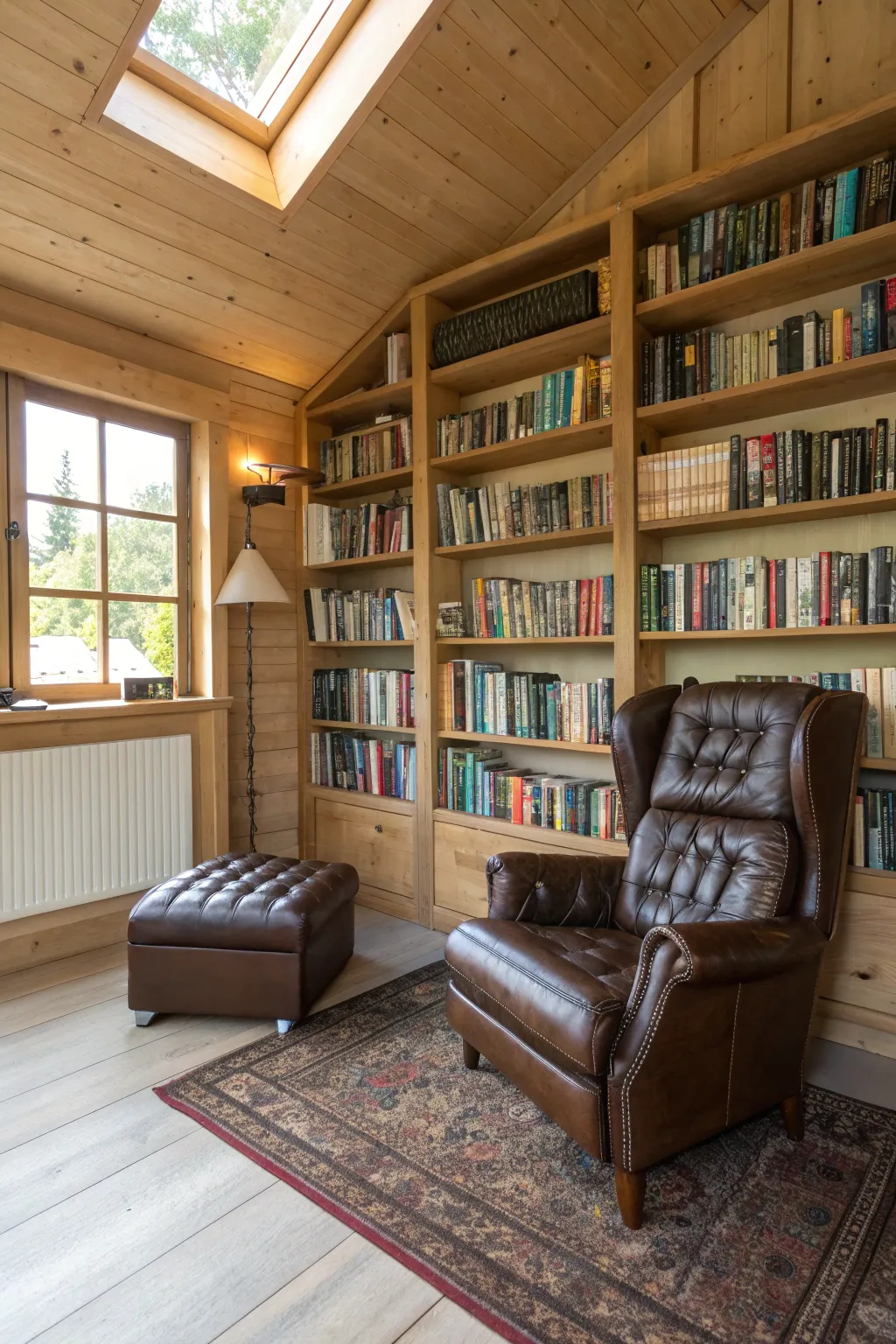 Transform your hobby shed into a sophisticated mini library sanctuary.