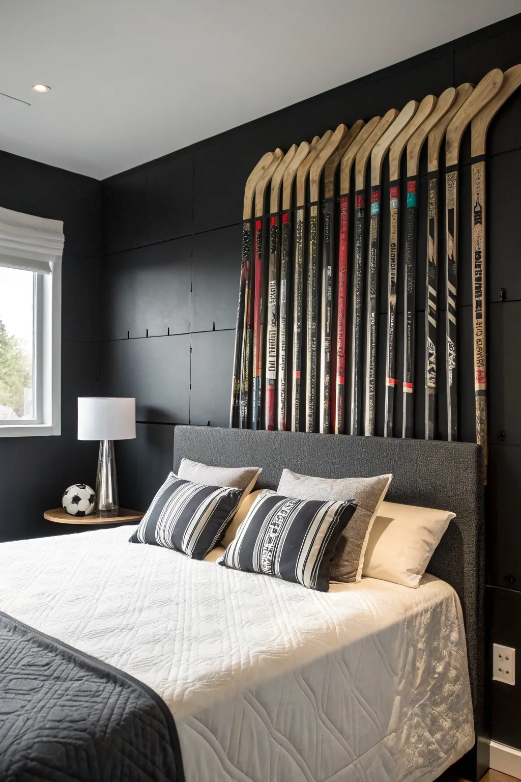 Elevate your bedroom with this striking hockey stick headboard—where sport meets style.