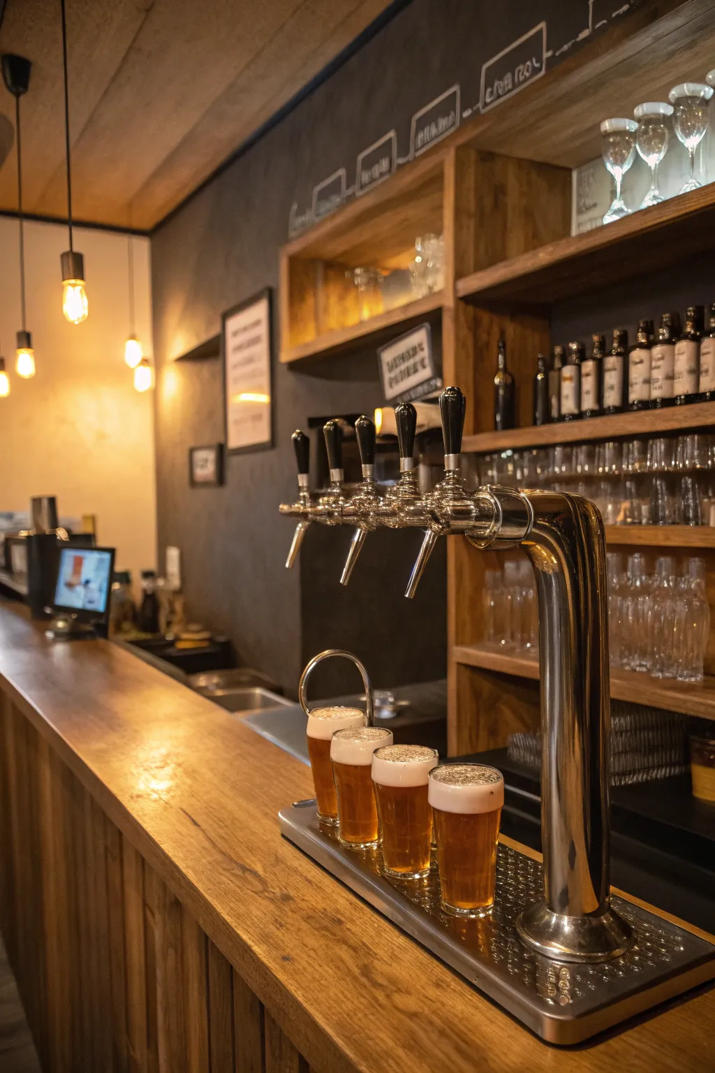 Beer taps and glass displays amplify the pub atmosphere in your home.