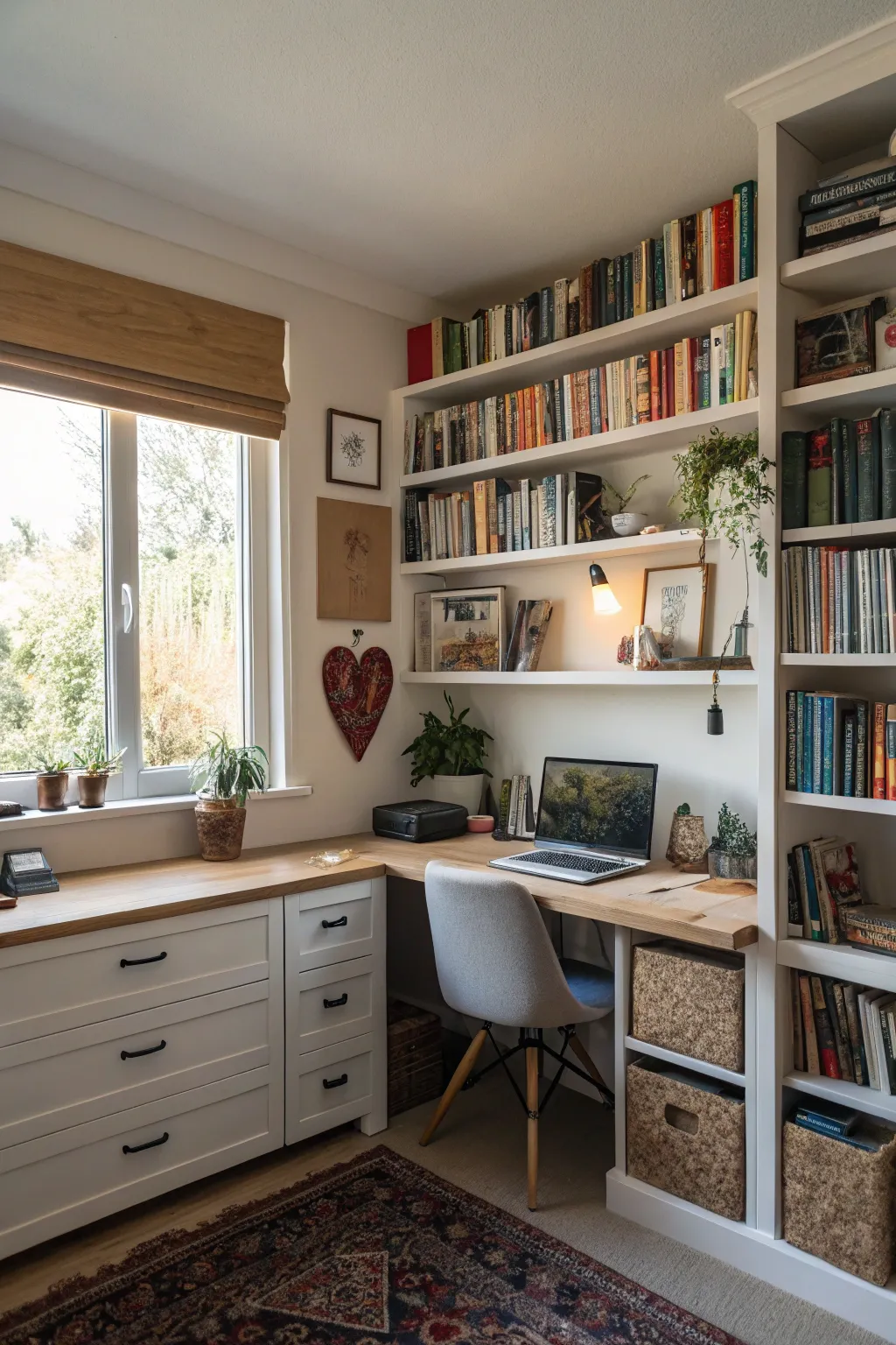 Vertical shelving optimizes space and organization.