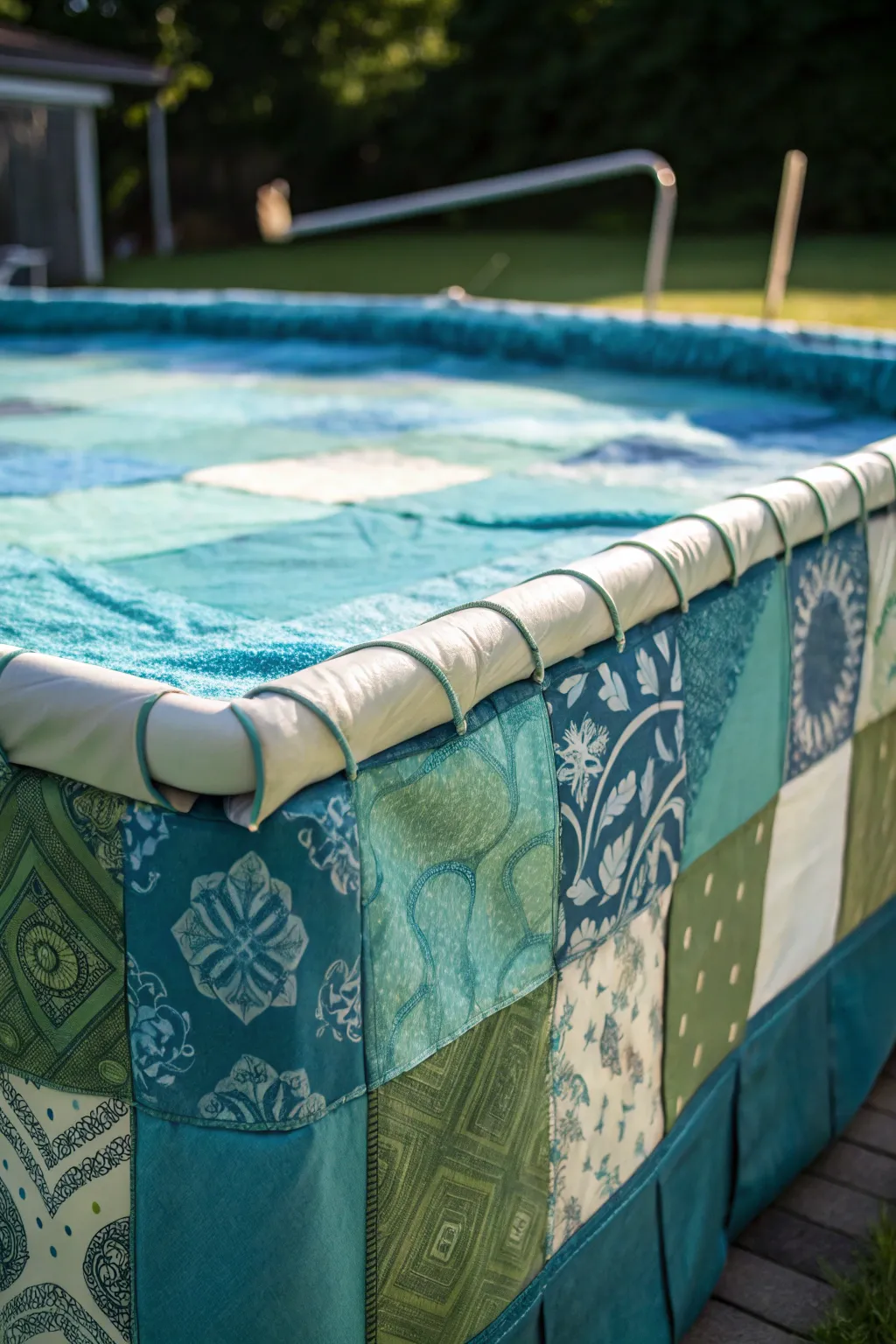 Eco-friendly elegance: Transform your pool with a unique recycled fabric cover.