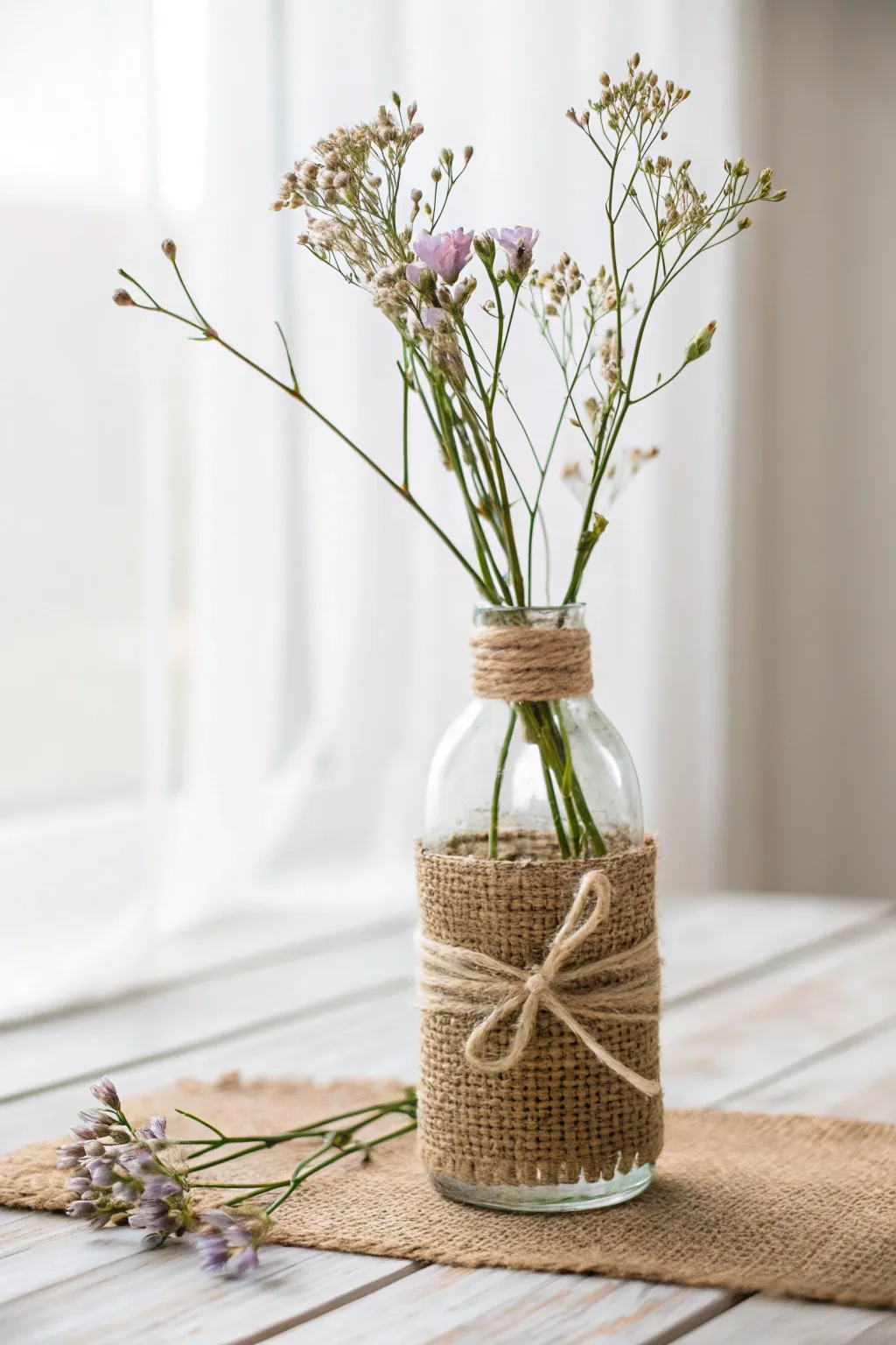 Embrace rustic elegance with this charming burlap and twine centerpiece, perfect for adding a handmade touch to any celebration.