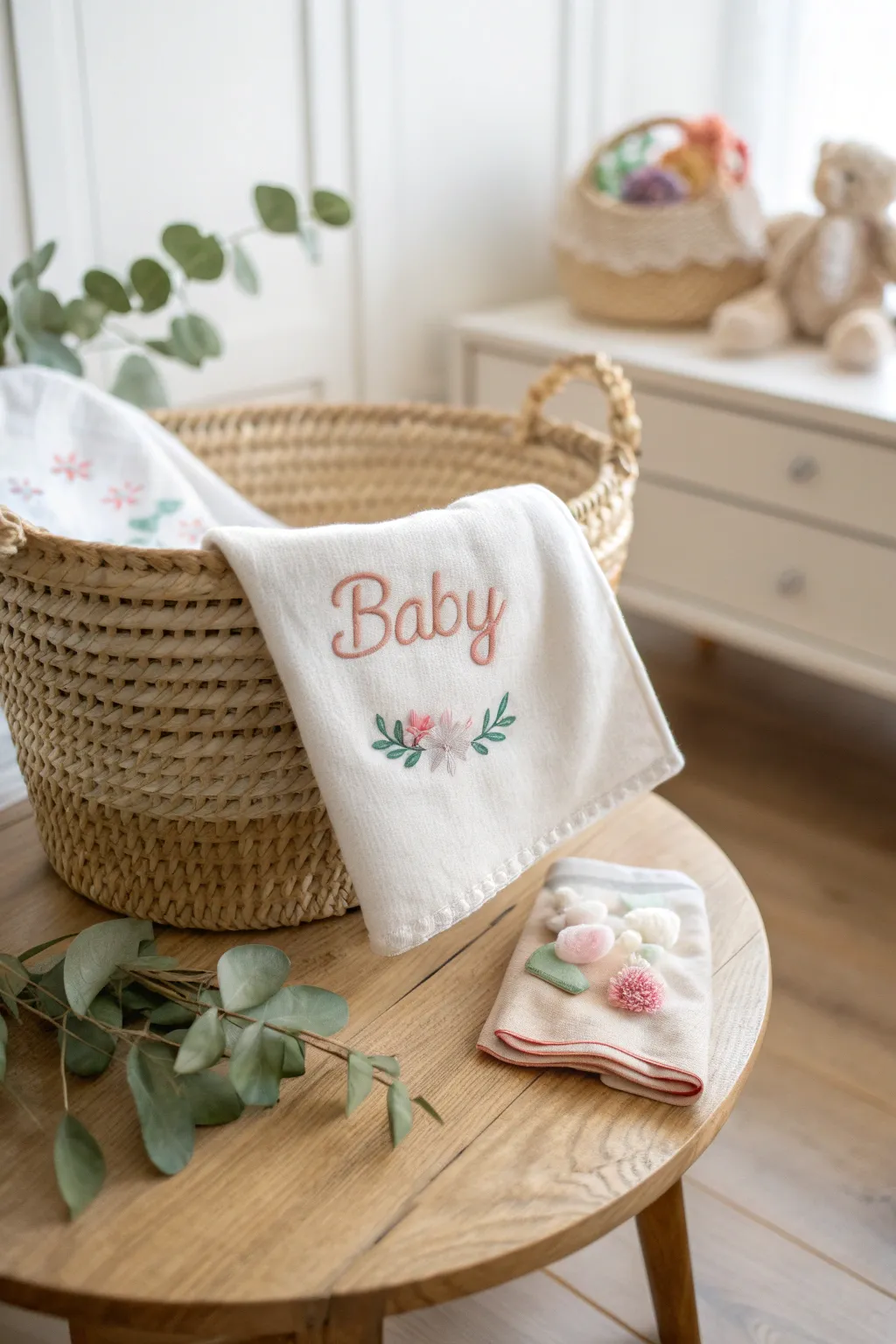 Craft a heartfelt gift with a personalized touch: a name-embroidered baby blanket nestled in a minimalist basket.