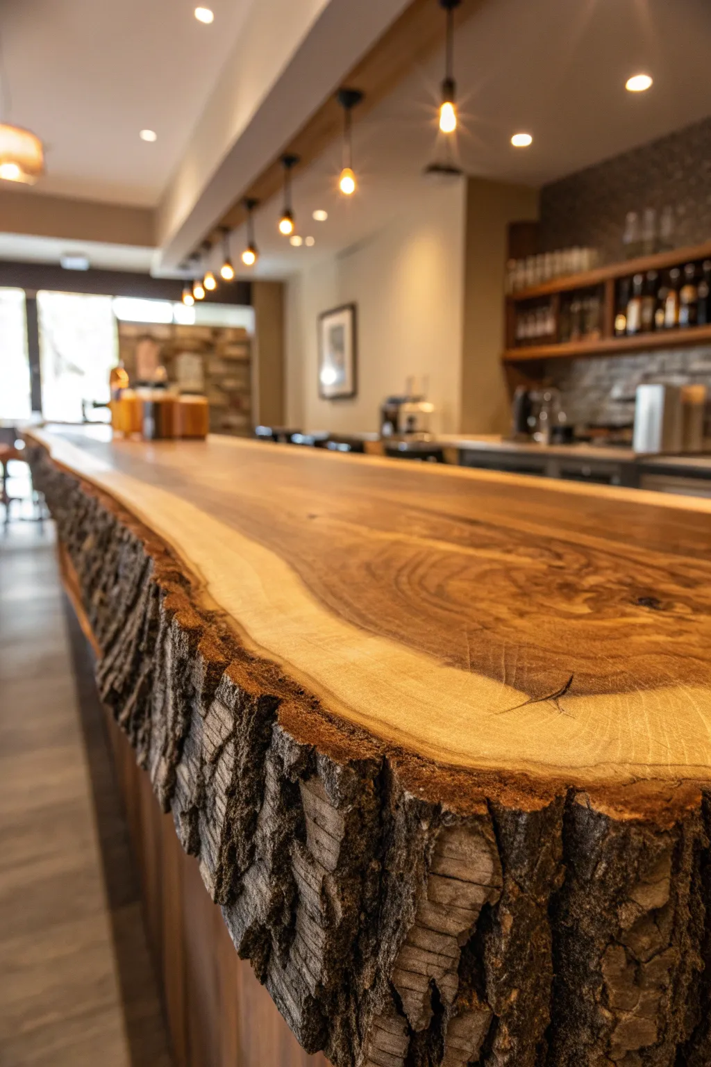 Bring nature indoors with a stunning live edge wood bar top, the perfect blend of rustic charm and modern elegance.