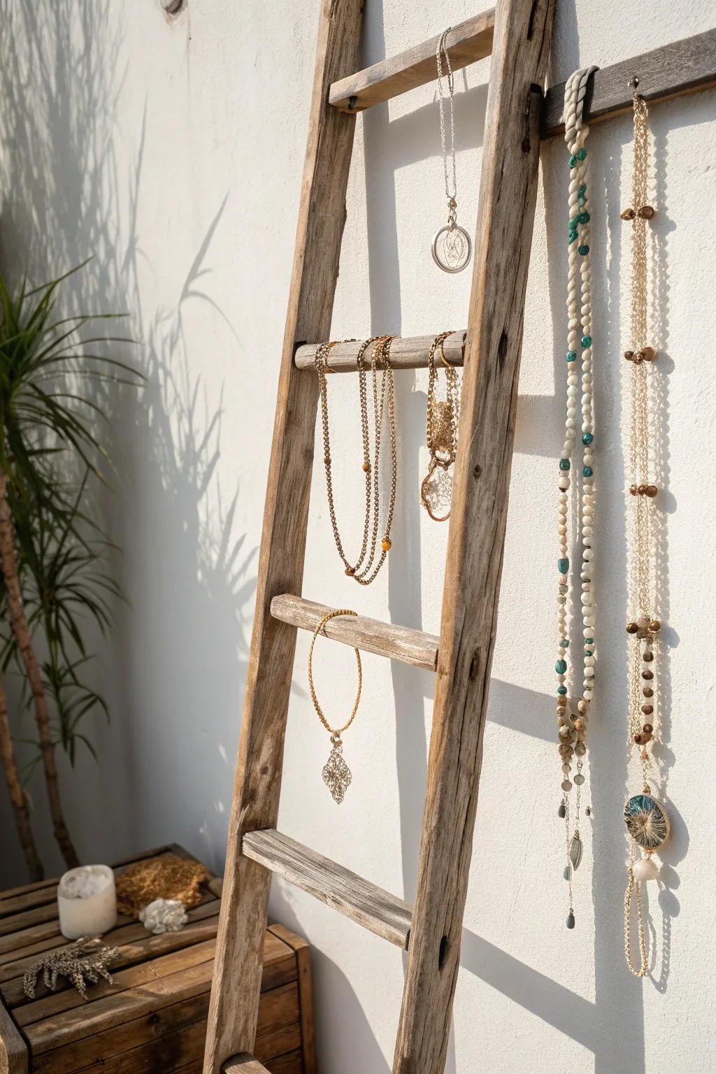 Transform your space with a charming ladder jewelry display that blends rustic elegance and minimalistic beauty.