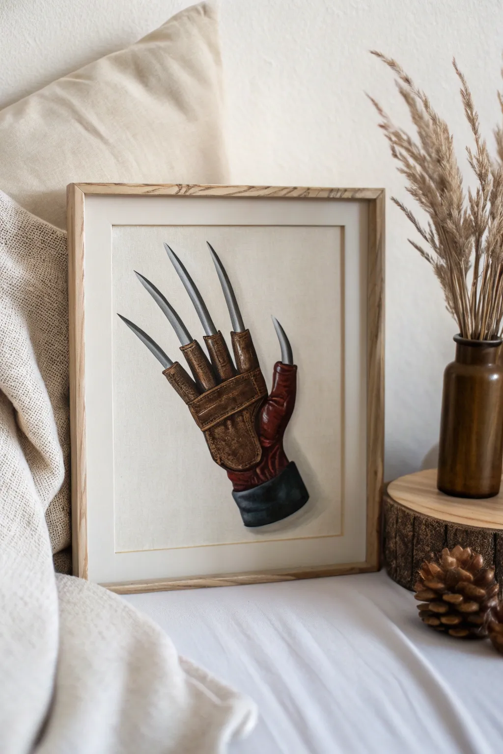 Capture the eerie elegance: Freddy's glove in minimalist art for your chic space.