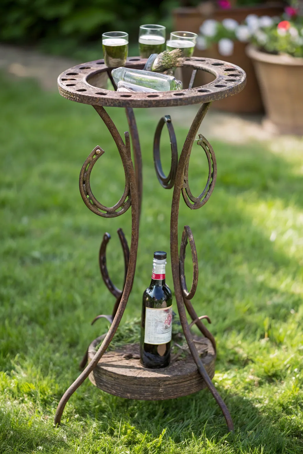 Elevate your outdoor gatherings with a stylish horseshoe drink stand, blending rustic charm with functionality.