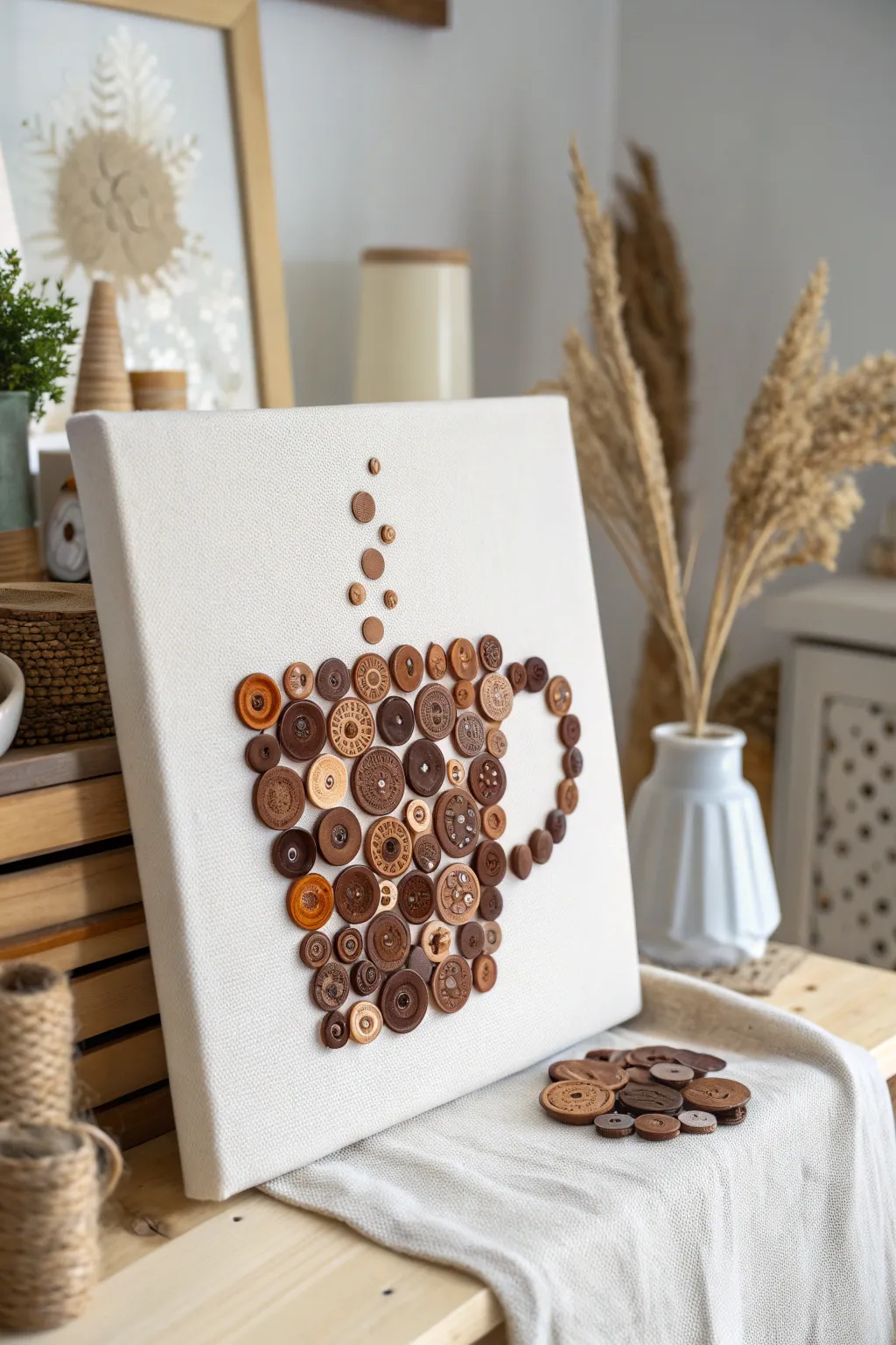 Warm up your space with this charming Cocoa Button Art, where Scandinavian simplicity meets playful boho textures.