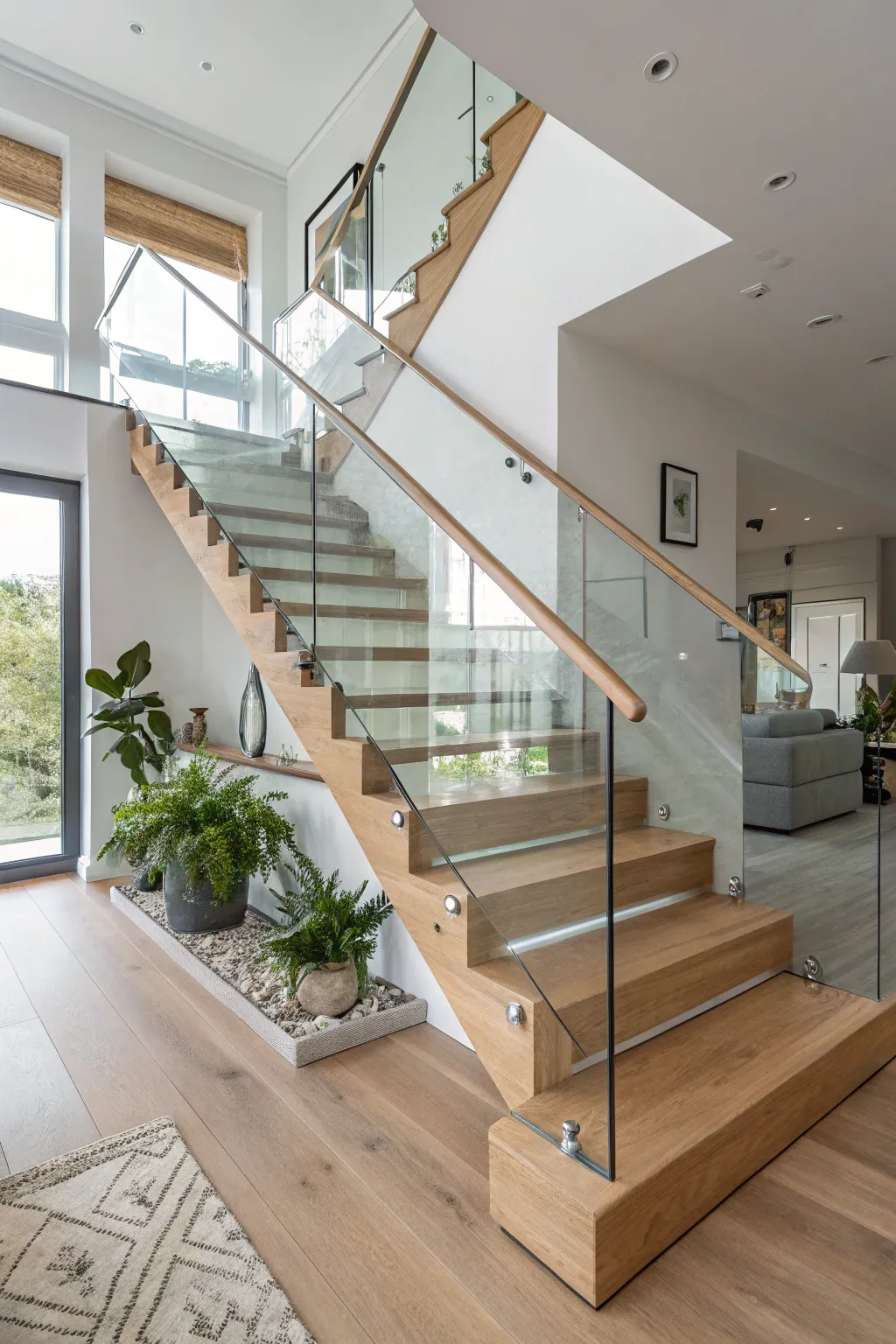 Elevate your space with the elegance of glass stair railings for a luxurious yet airy feel.