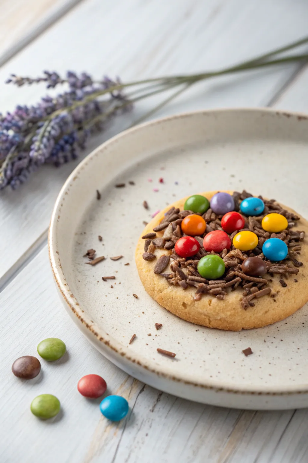 Elevate your cookie game with vibrant M&Ms and luscious chocolate shavings for a delightful treat.