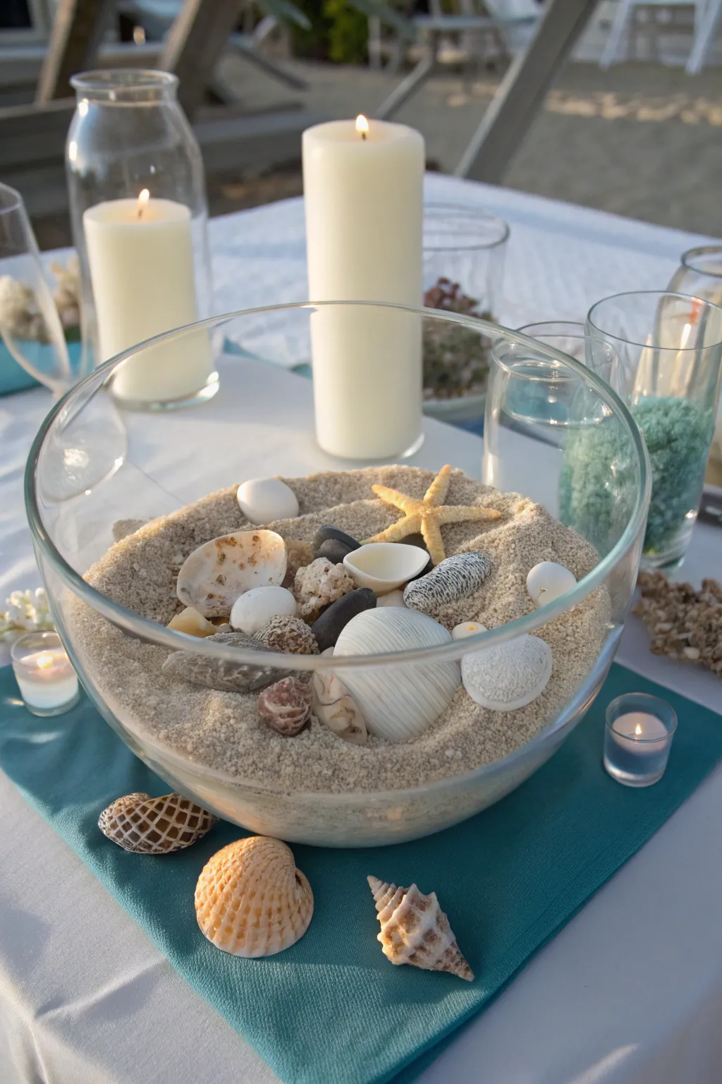 Capture the essence of the beach with sand-filled glass decor.