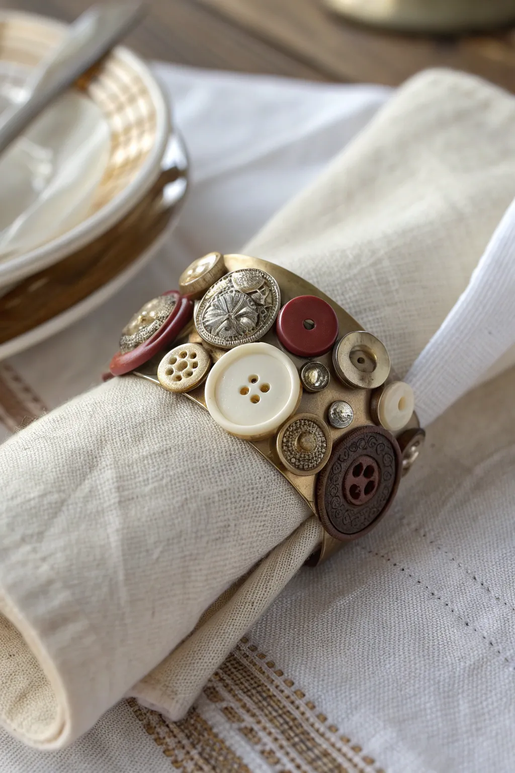 Embrace the charm of yesteryears with vintage button napkin rings—where nostalgia meets minimalist elegance.
