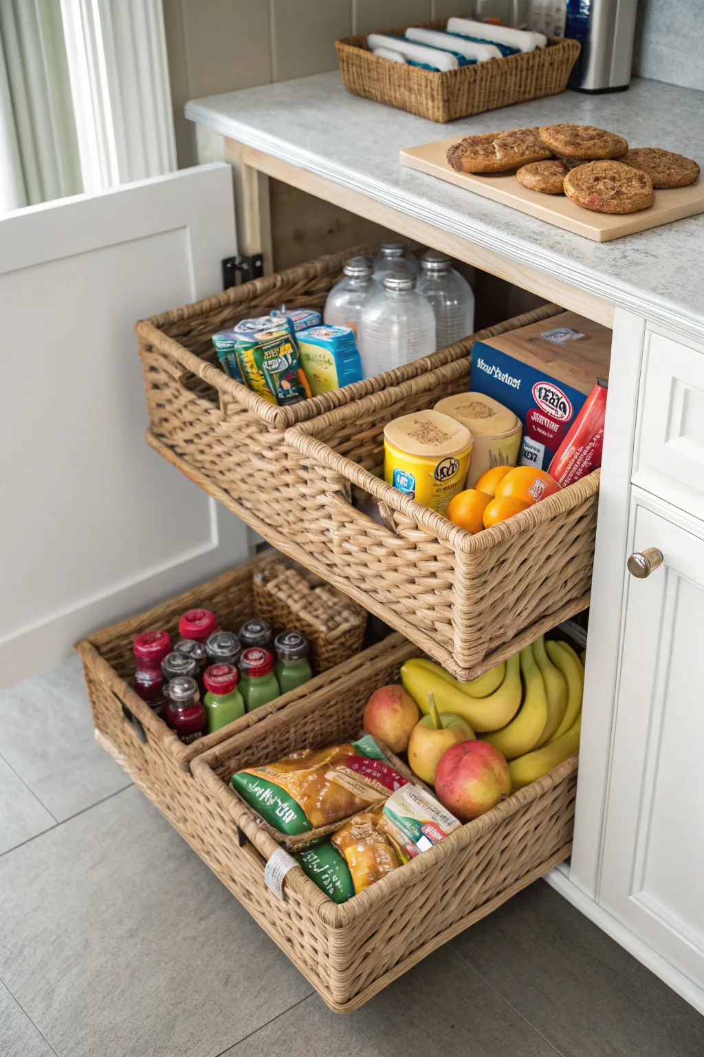 Bins and baskets keep your cabinets organized and stylish.
