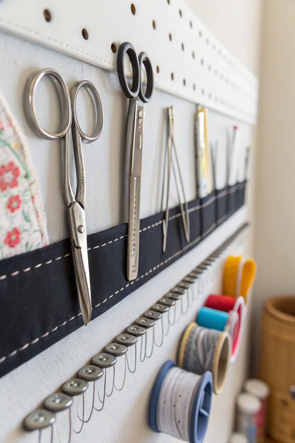 Magnetic strip holding sewing tools for easy access.