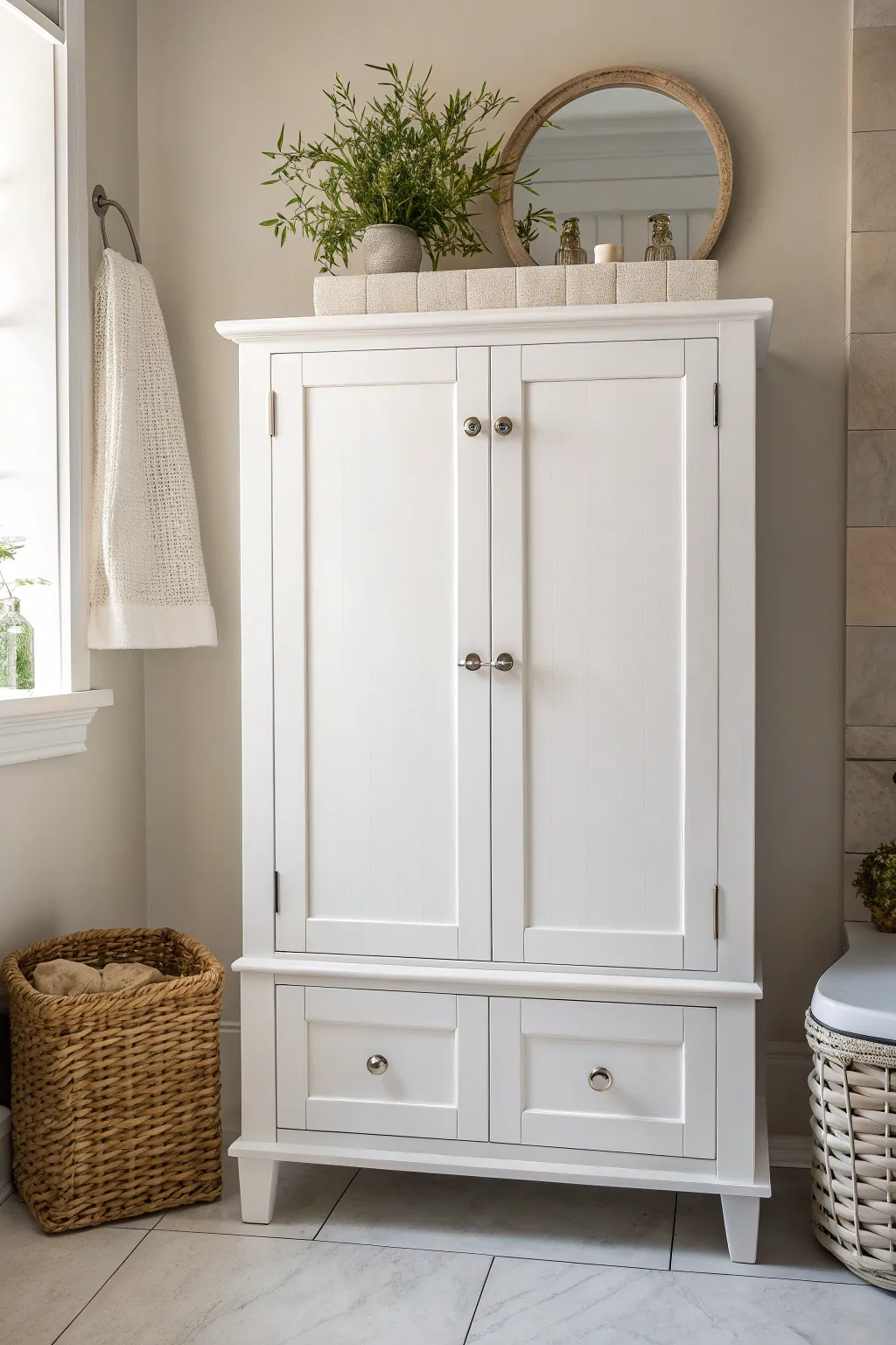 Embrace simplicity and elegance with timeless white cabinets for a fresh bathroom look.