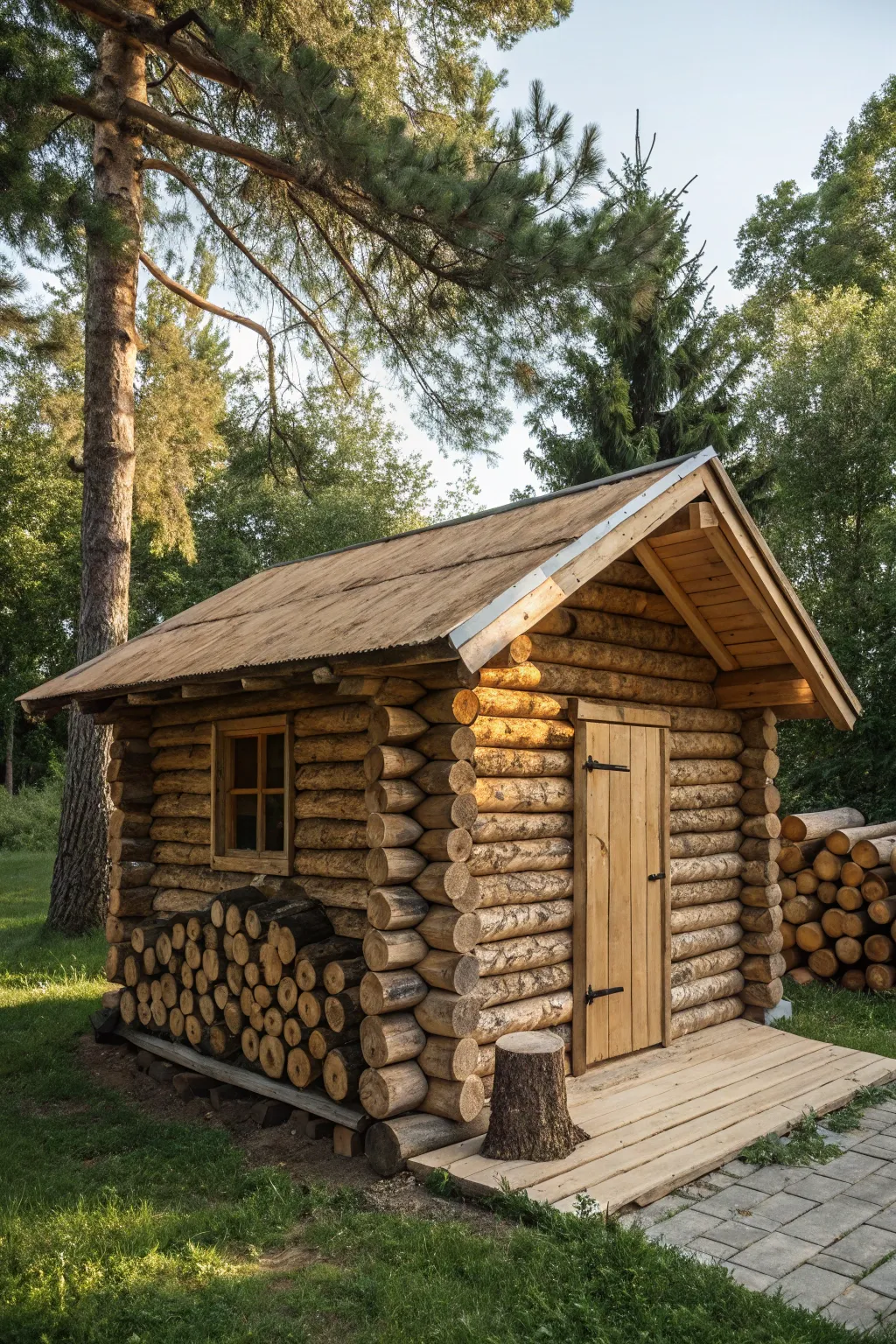 Craft your own log cabin hideaway with interlocking firewood for a touch of rustic charm.
