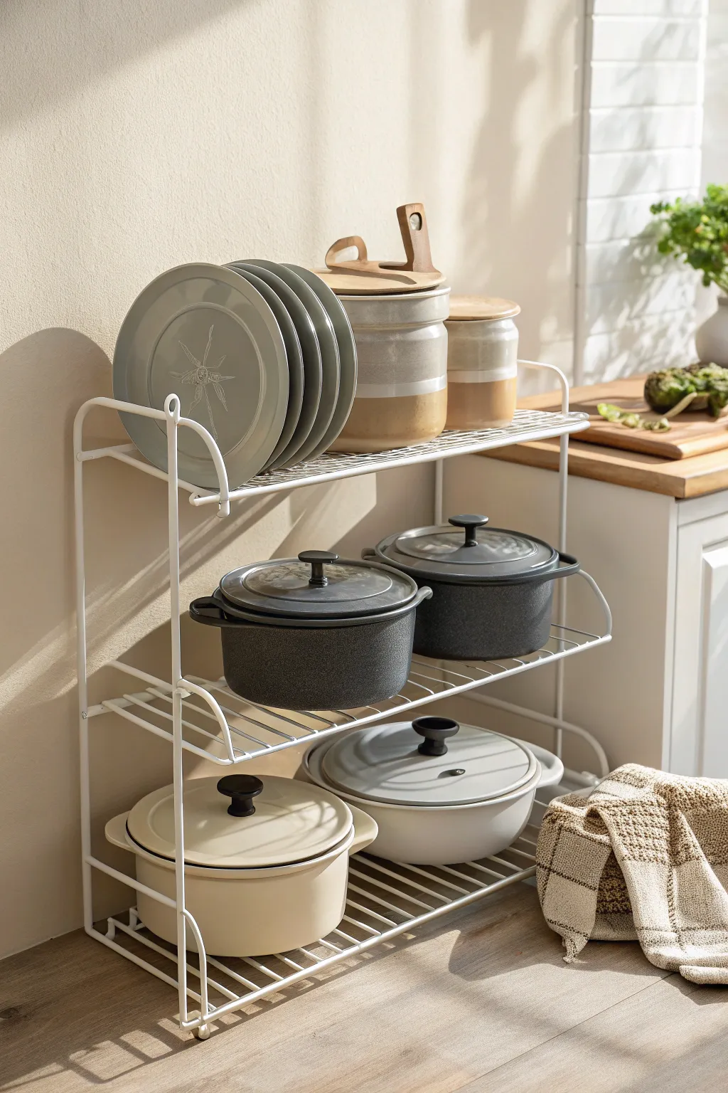 Transform overlooked spaces with minimalist flair: Discover the elegance of storing pot lids on a wire shelf.