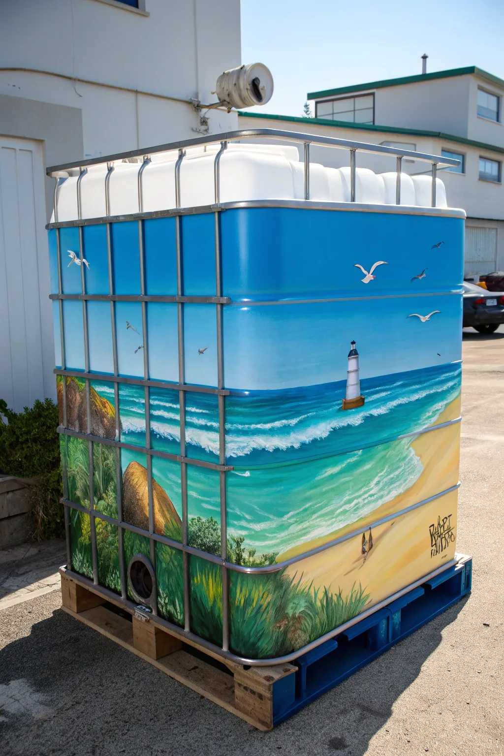 Transform your space with a splash of seaside serenity on your IBC container.