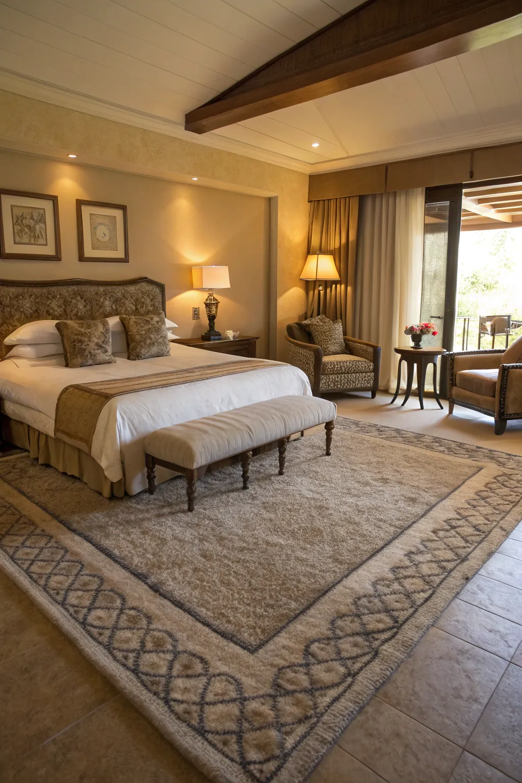 Rugs help delineate spaces and add cozy texture to large bedrooms.