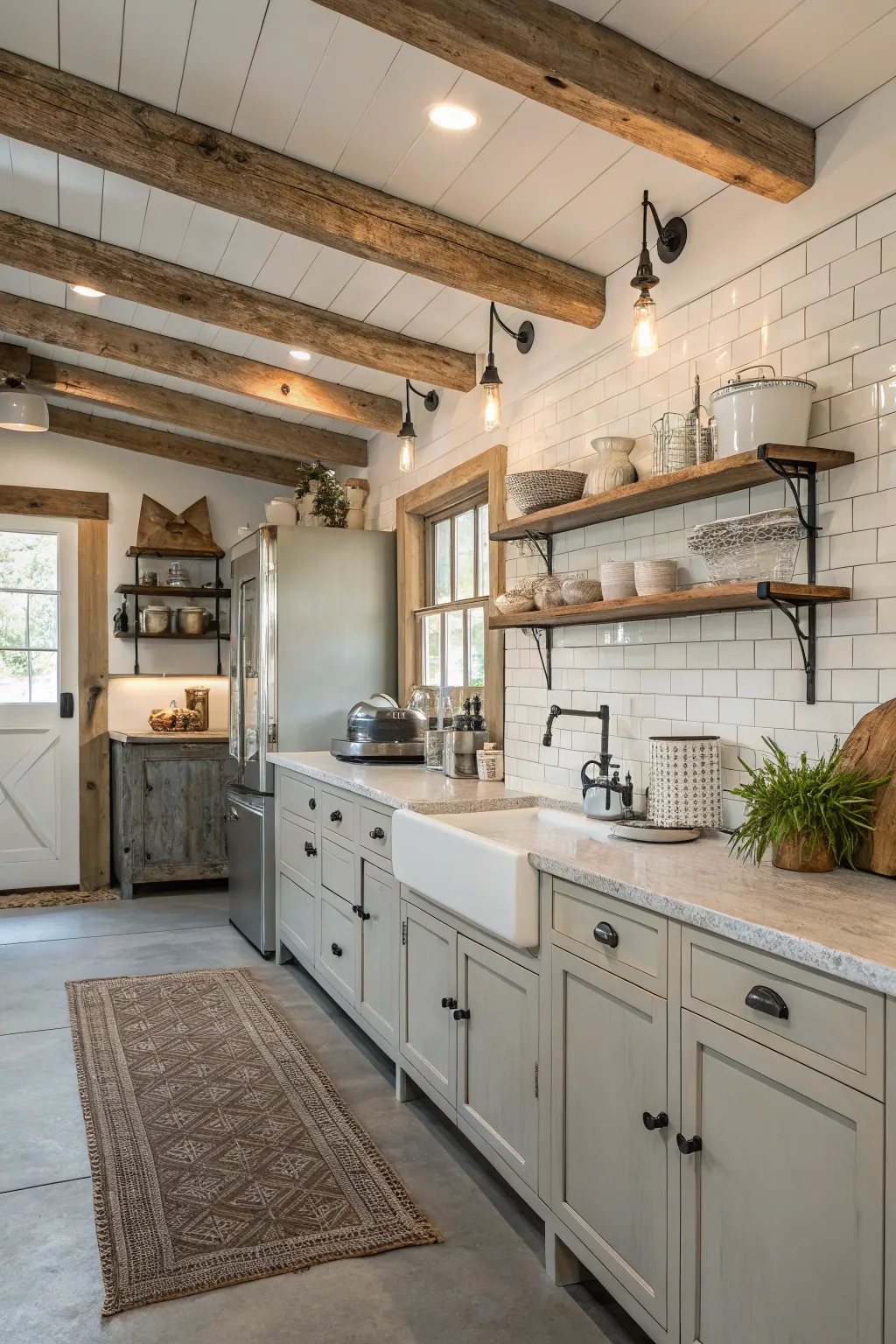Neutral hues create a calming atmosphere in this industrial farmhouse kitchen.