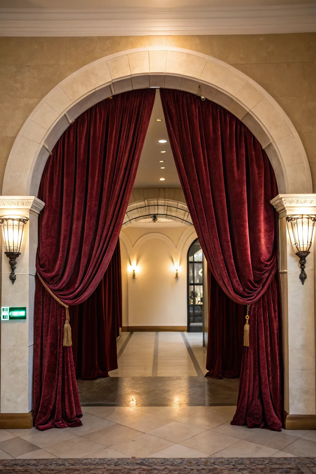 Luxurious velvet drapes frame this archway, enhancing its elegance.