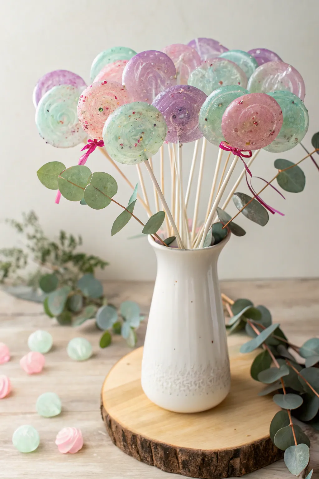 Delight in the simplicity and elegance of handcrafted isomalt lollipop bouquets, perfect for adding a sweet touch to any occasion.