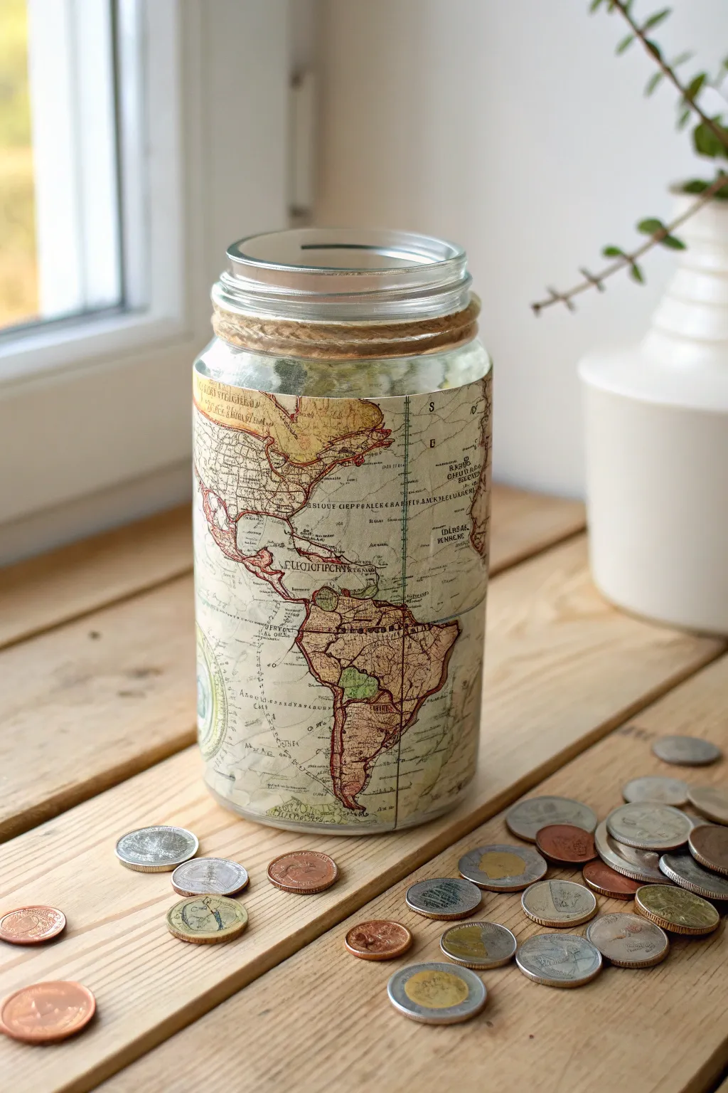 Turn saving into an adventure with this charming DIY coin bank jar! 🌍✨ #CraftedWithLove #MinimalistBoho