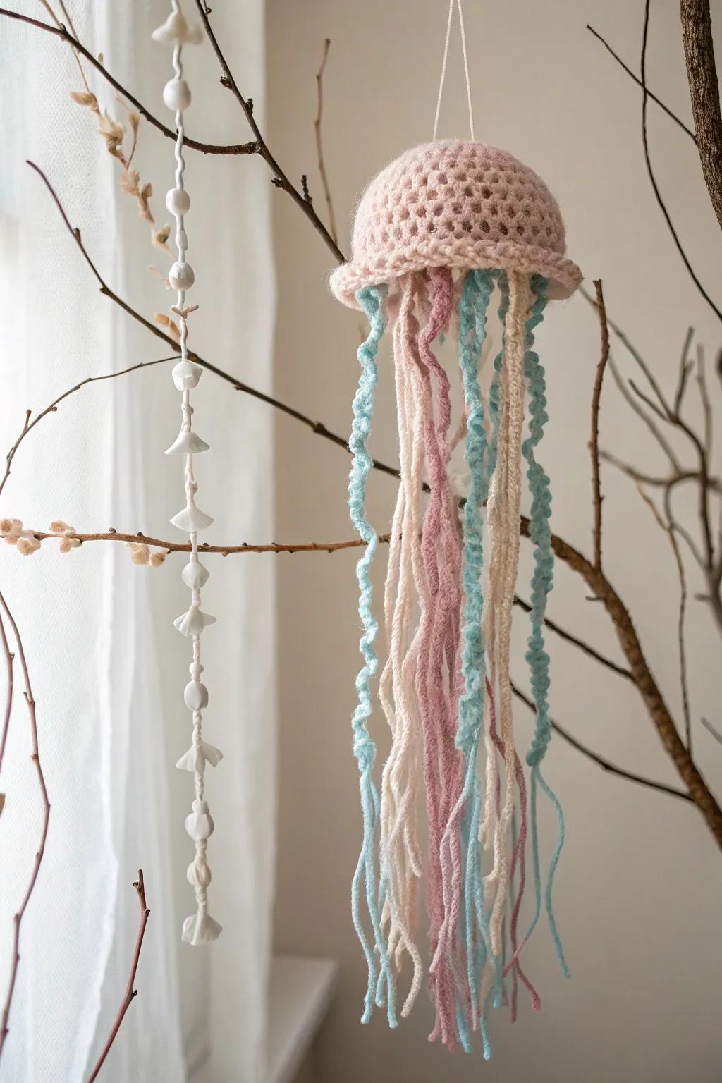 Add a touch of whimsy and elegance to your space with this charming yarn jellyfish creation.