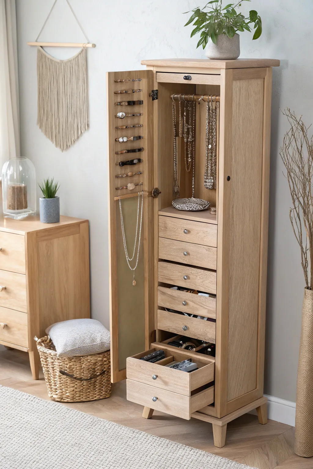 Elevate your space with this versatile jewelry armoire, blending Scandinavian simplicity with Boho charm.
