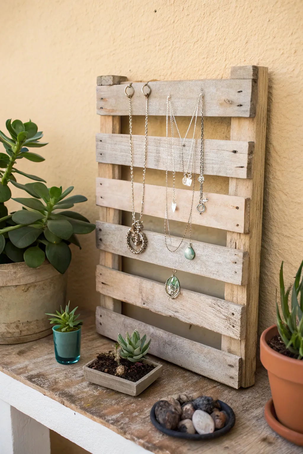 Transform your space with a rustic wood pallet jewelry holder—where simplicity meets natural beauty.