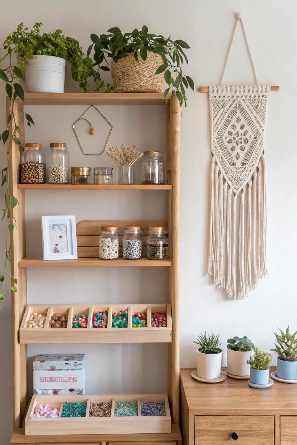 Elevate your craft space with chic and functional shelving, blending Scandinavian minimalism with boho charm.