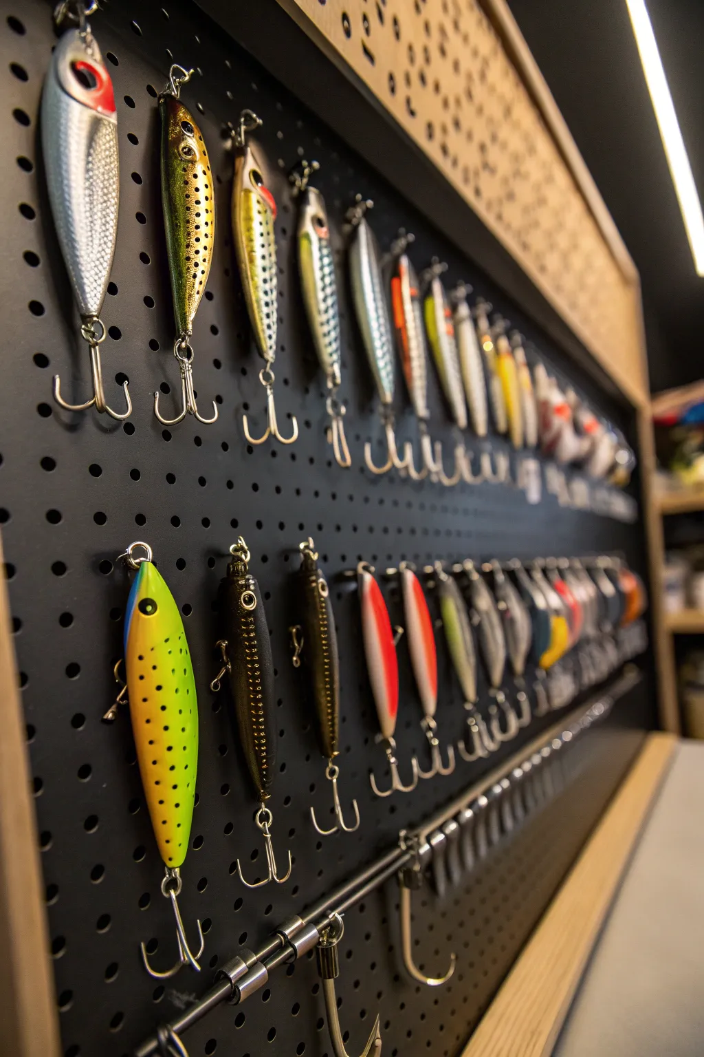 Transform your fishing gear into a masterpiece with this sleek pegboard jig display.