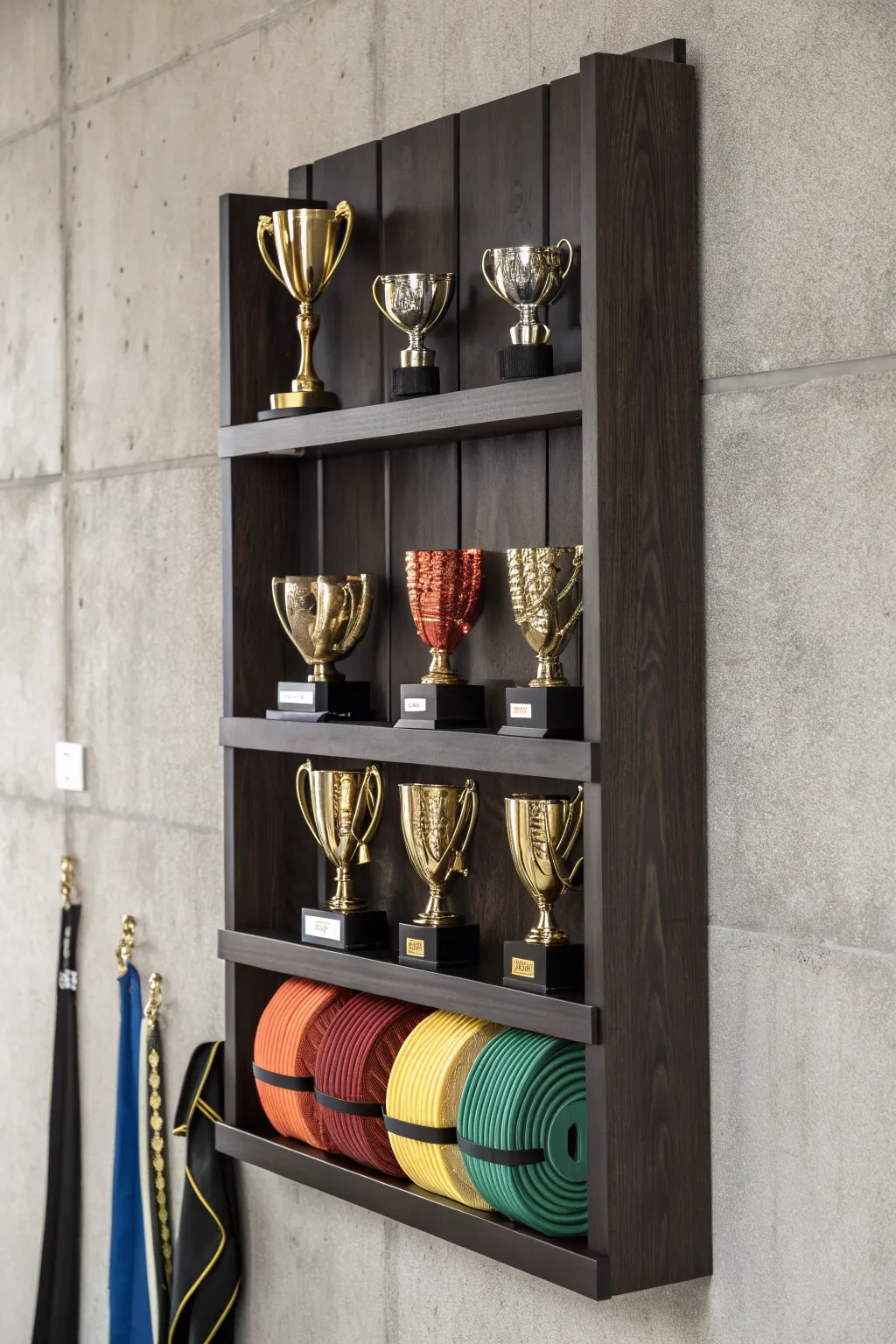 Showcase your martial arts journey with a stylish belt and trophy display.