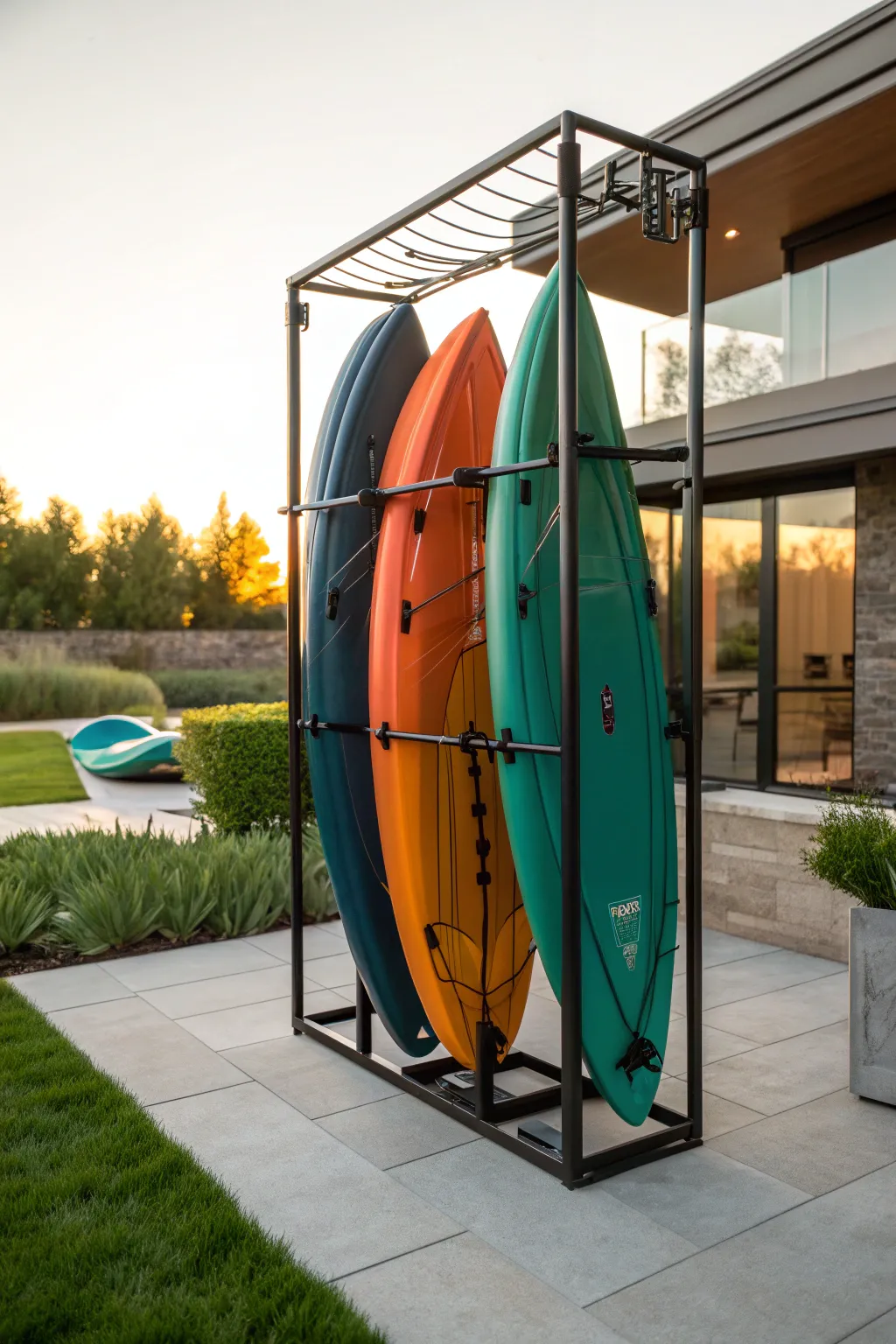 Elevate your kayak storage with this stylish freestanding metal rack, perfect for any modern outdoor space.