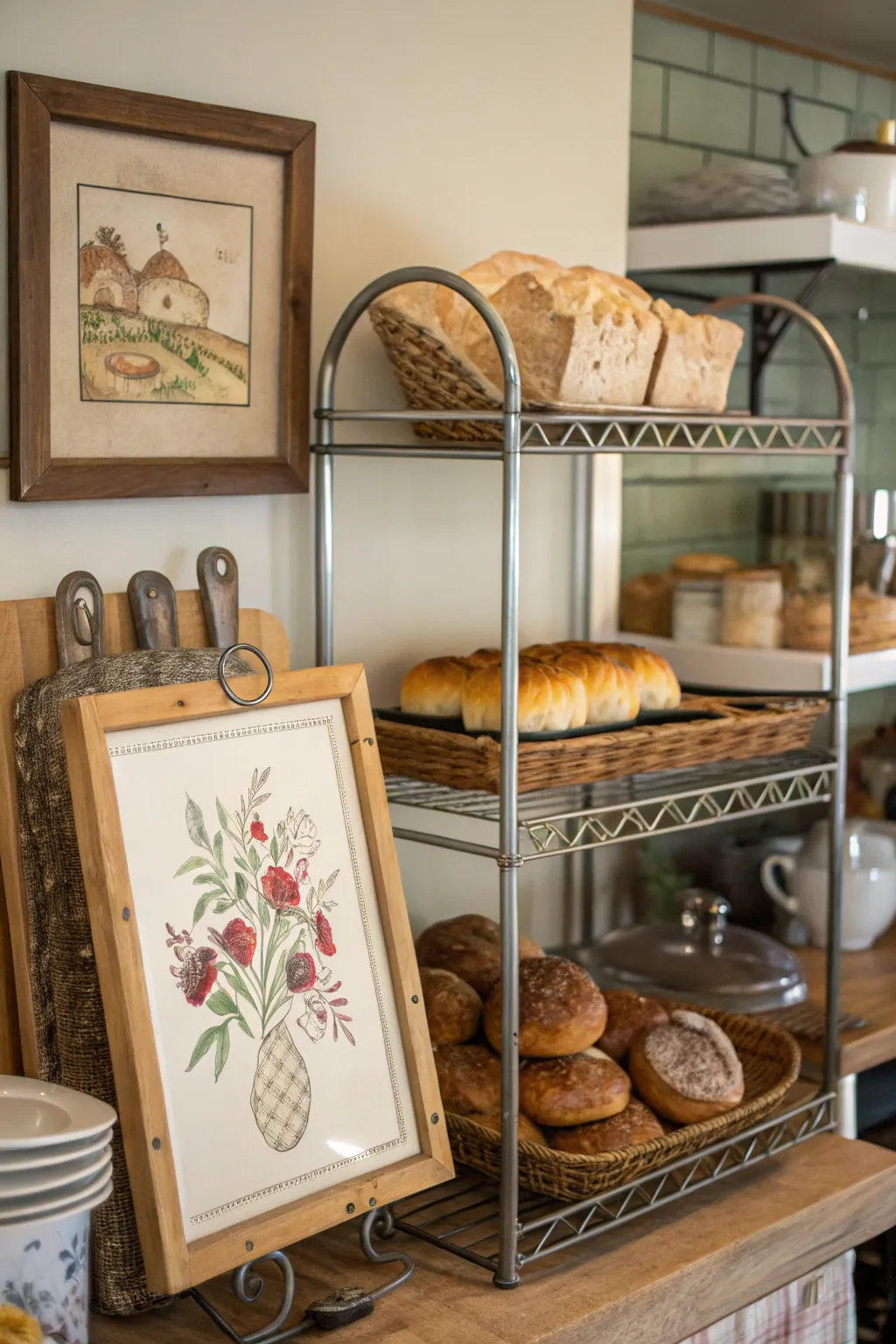 Art elevates the decor of a bakers rack.
