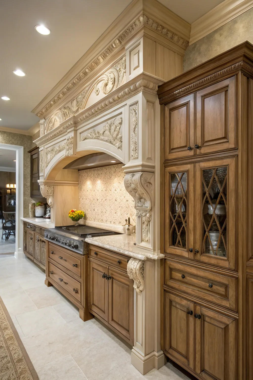 Decorative moldings on a bulkhead that match elegant kitchen cabinetry.